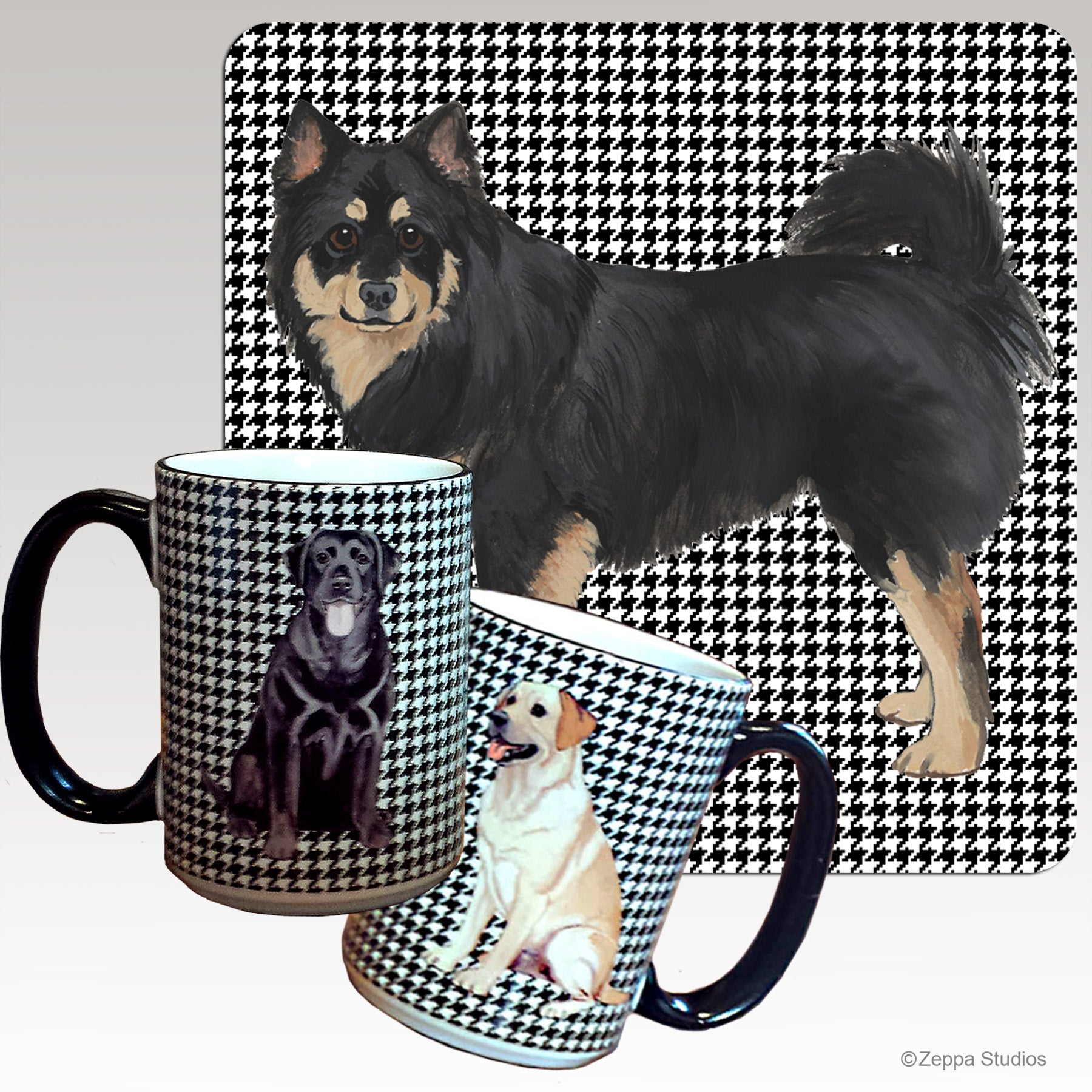 Finnish Lapphund design for a houndstooth background mug.