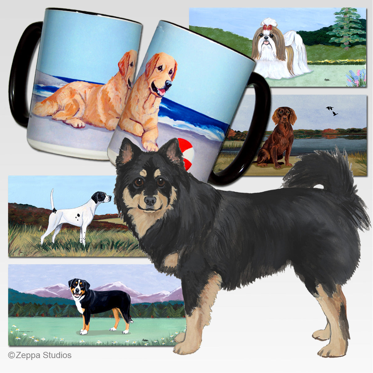 Finnish Lapphund design and 5 scenic backgrounds for 15 oz mugs
