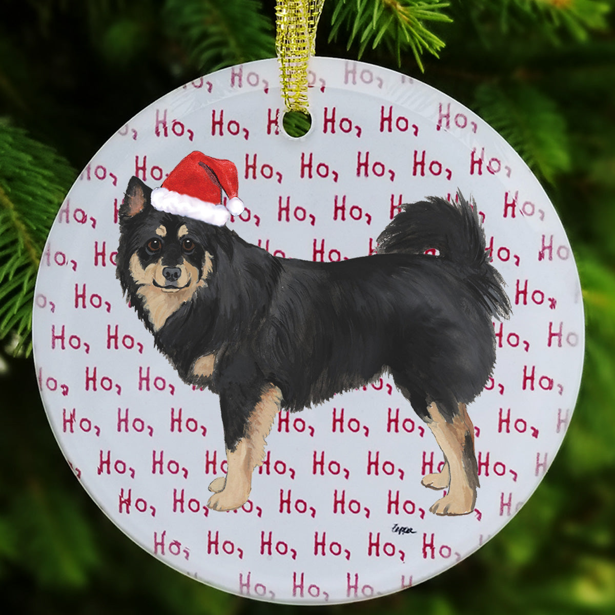 Finnish Lapphund wearing a Santa hat on a glass ornament with a 'Happy Howlidays'  repeating text background.