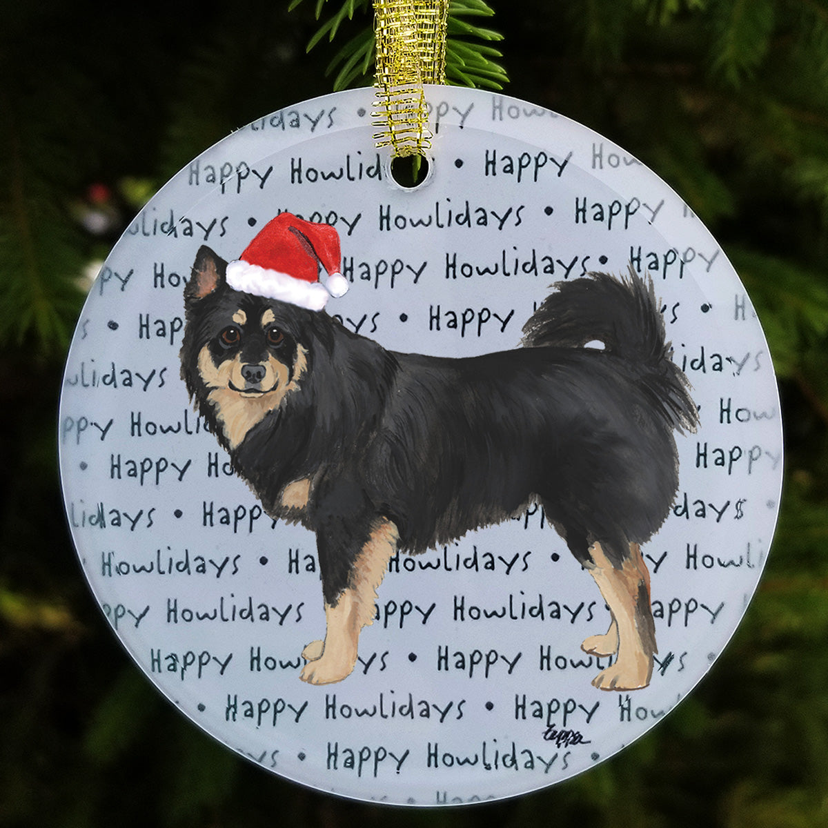 Finnish Lapphund wearing a Santa hat on a glass ornament with a 'Happy Howlidays'  repeating text background.