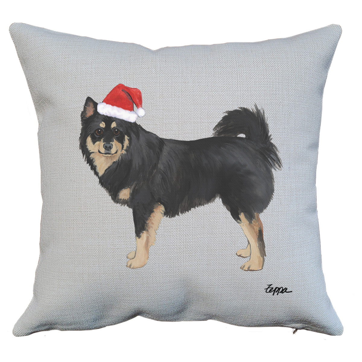 Linen throw pillow with a Finnish Lapphund llustration wearing a Santa hat