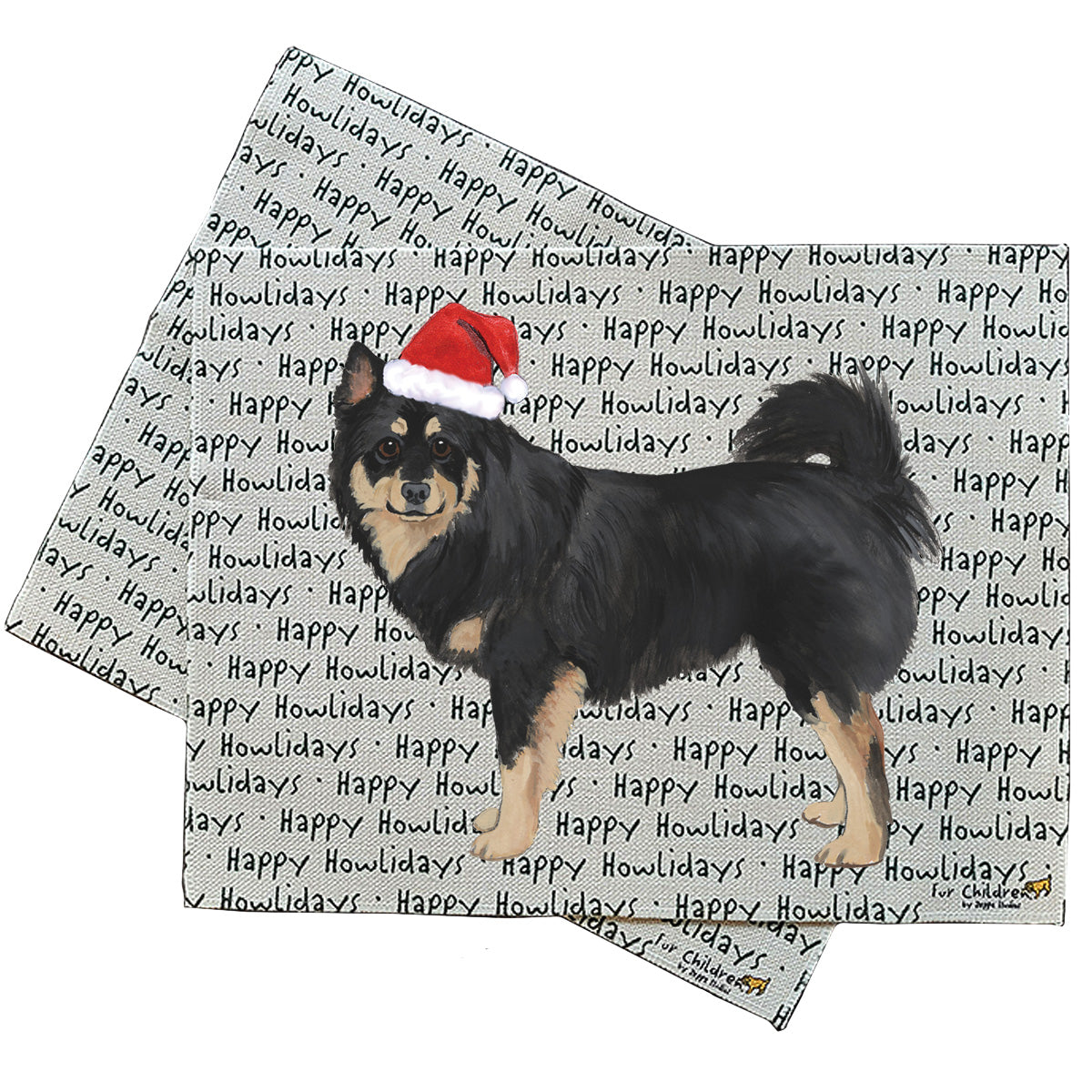 Finnish Lapphund in a Santa Hat on a repeating 'Happy Howlidays' text background linen placemat