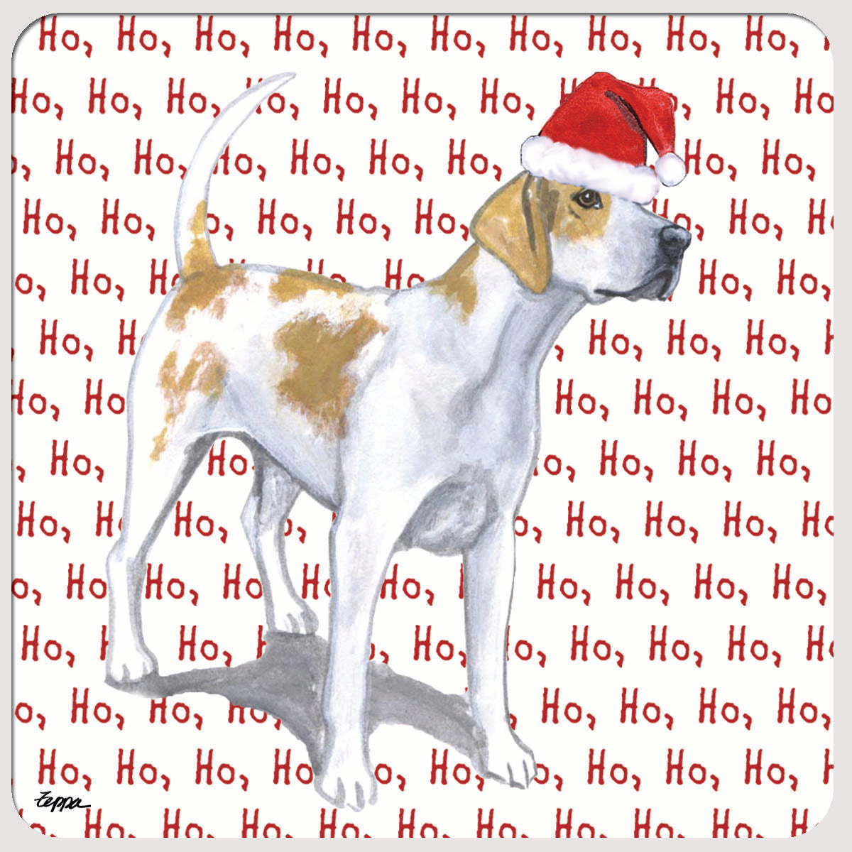 Christmas beverage coaster with an English Foxhound in a Santa hat on a ho ho ho background