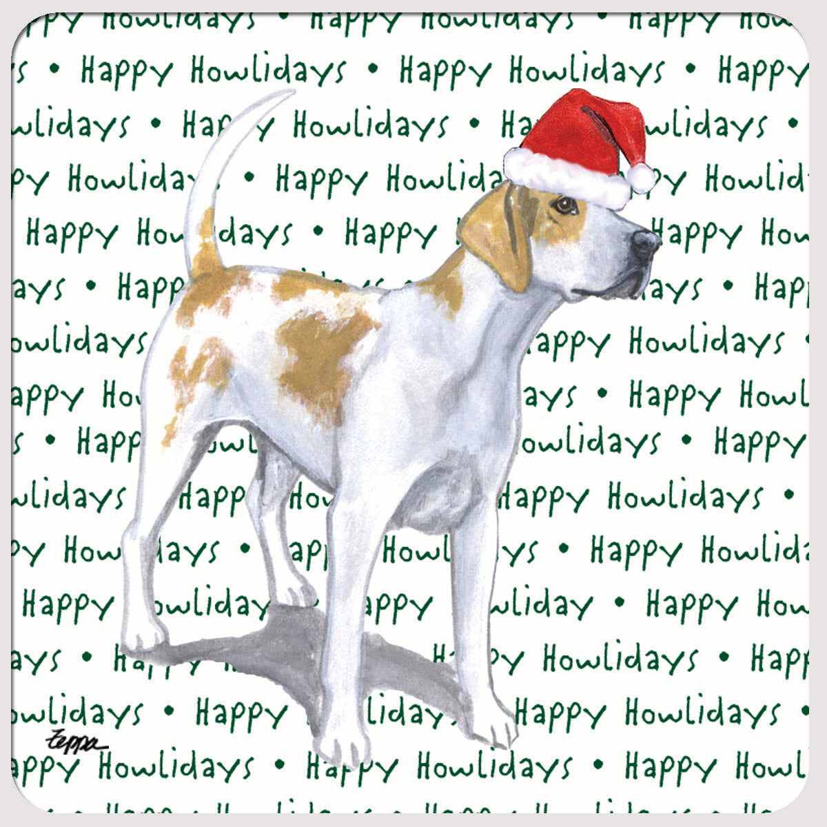 Christmas beverage coaster with an English Foxhound in a Santa hat on a happy howlidays background