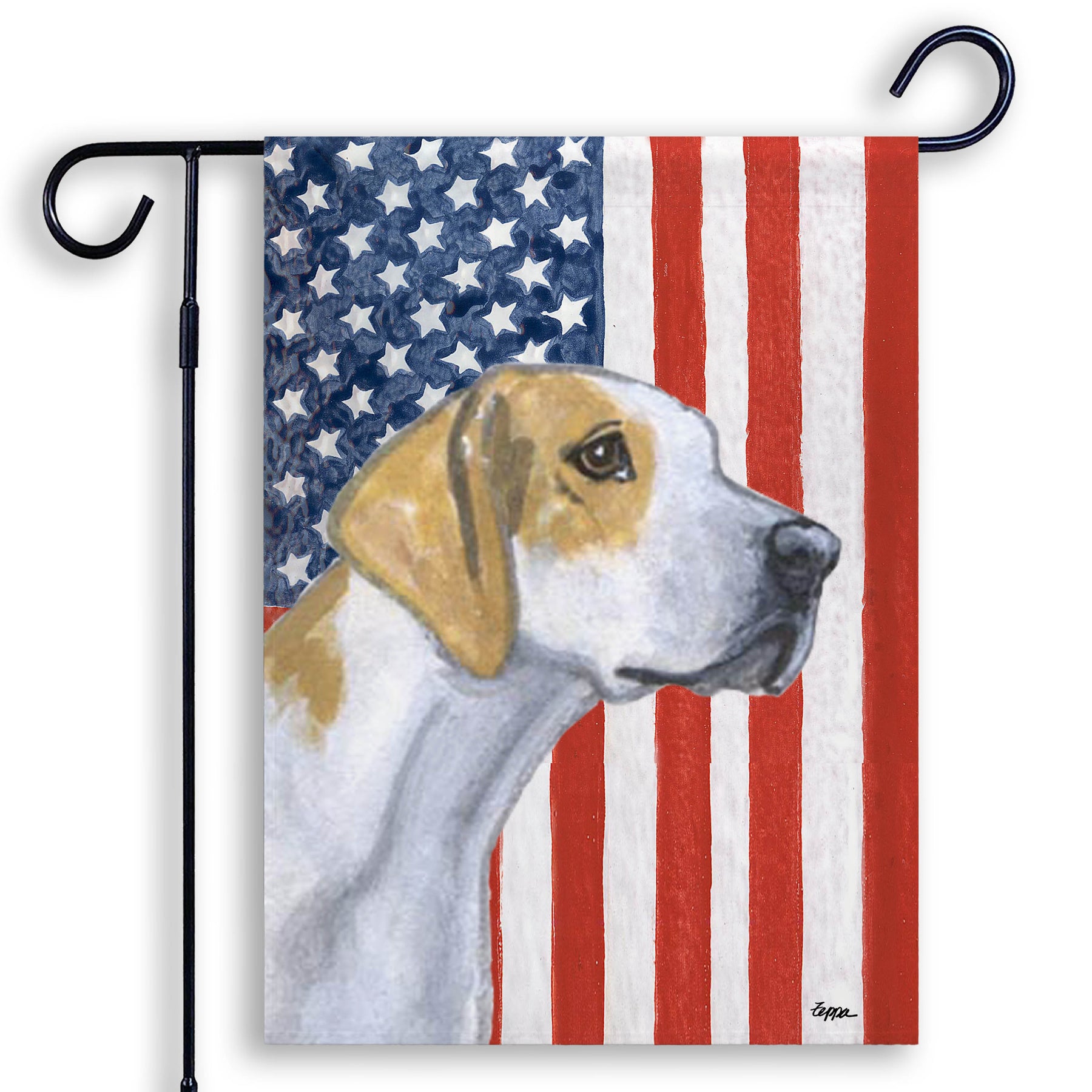 English Foxhound on an American Flag background garden flag