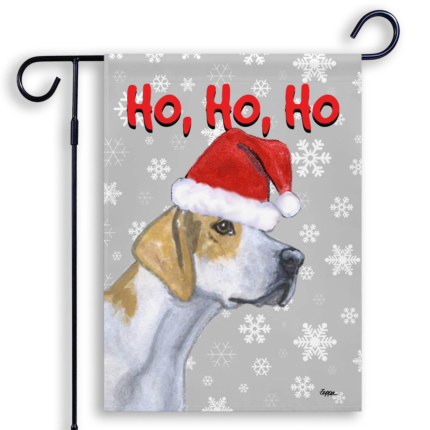 Holiday garden flag with an English Foxhound in a Santa Hat on grey snowflake background.