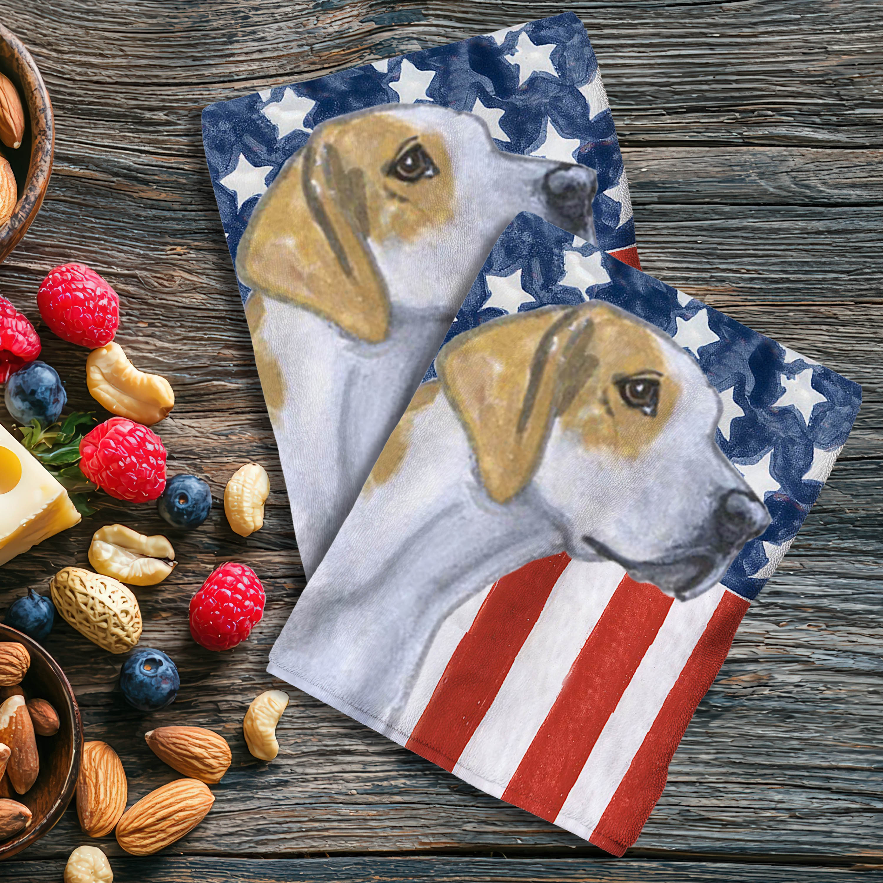 English Foxhound on an American Flag background set of kitchen towels