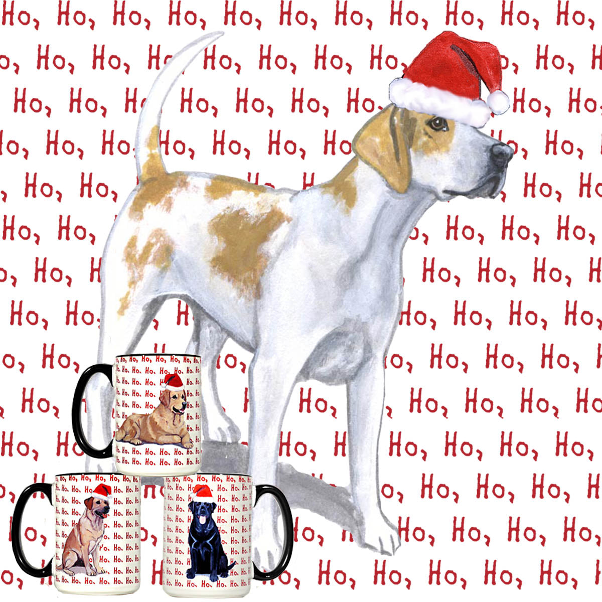 Ceramic Christmas mug with an English Foxhound in a Santa hat on a ho ho ho background