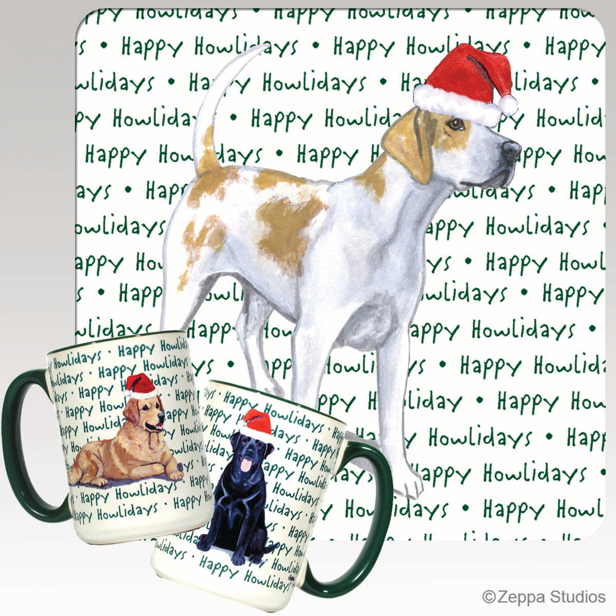 Ceramic Christmas mug with an English Foxhound in a Santa hat on a happy howlidays background