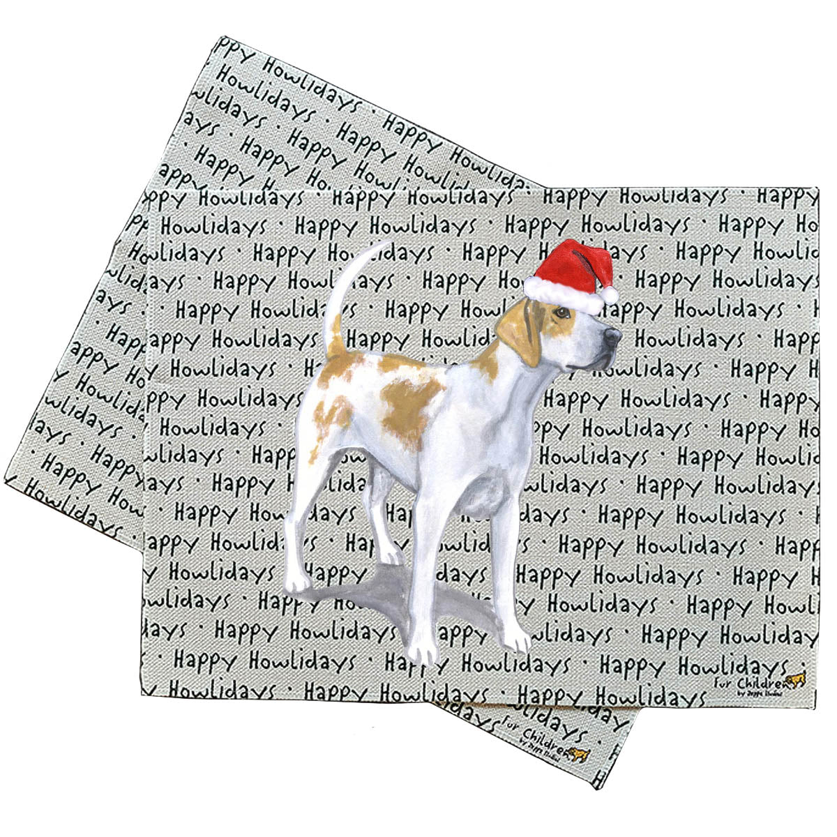 English foxhound in a Santa Hat on a Happy Howlidays background placemat