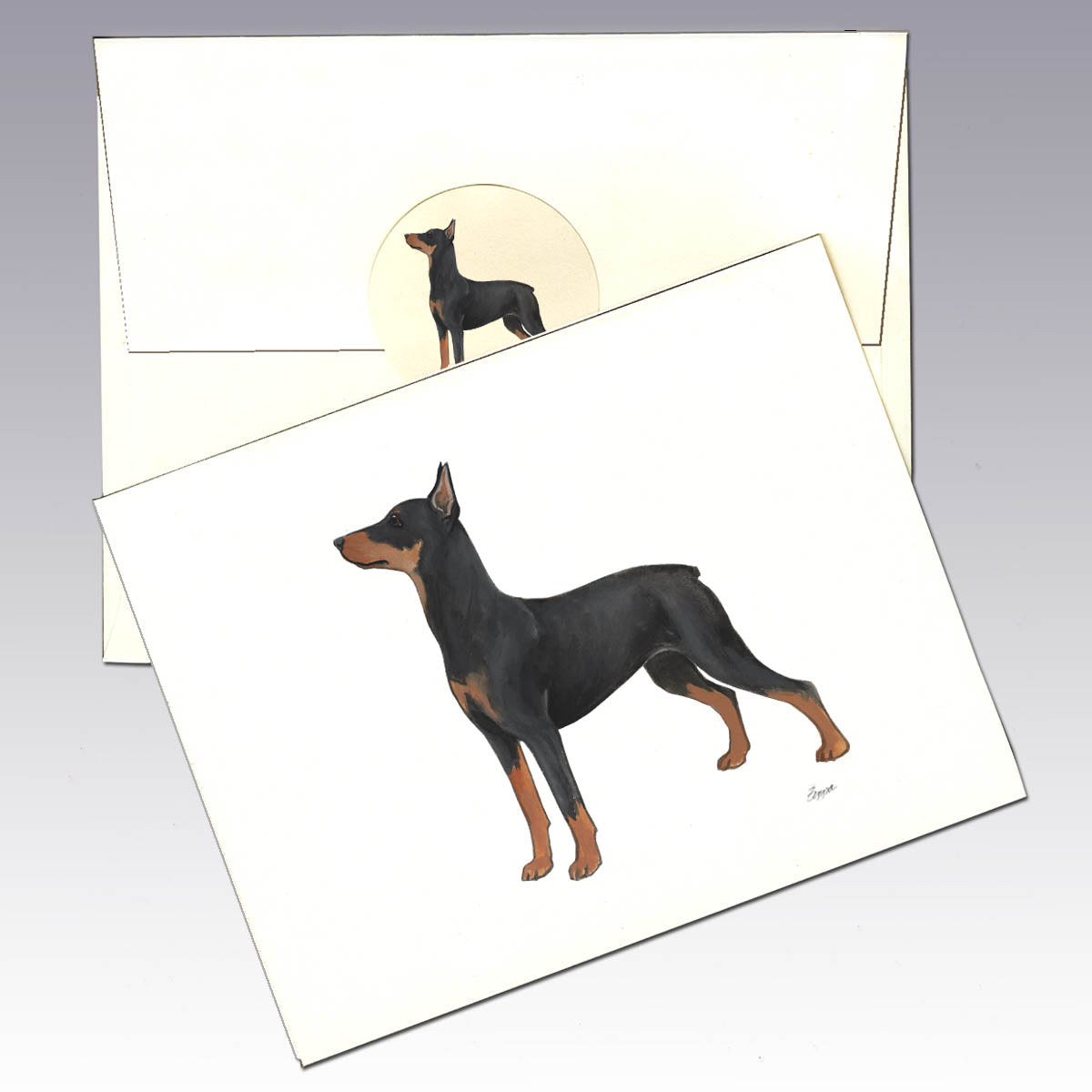 German Pinscher illustration on an ivory note card with envelope and seal.