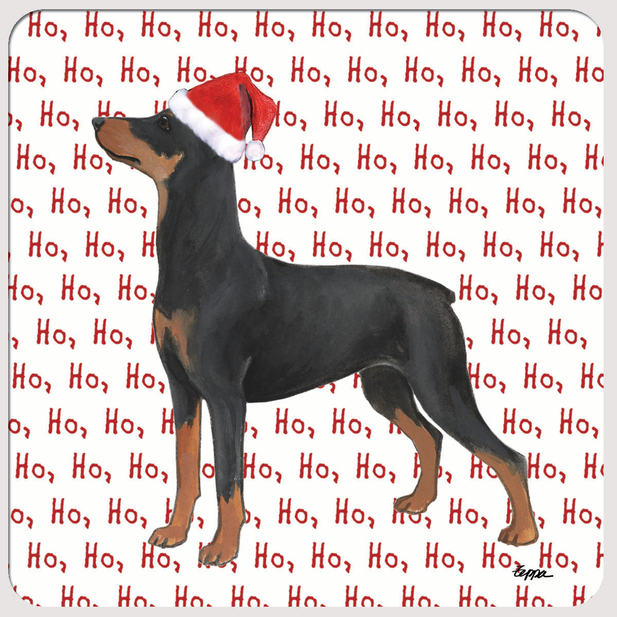 A poly rubber coaster featuring a German Pinscher  wearing a red Santa hat, set against a white background with a repeating green 'Ho Ho Ho' text pattern.