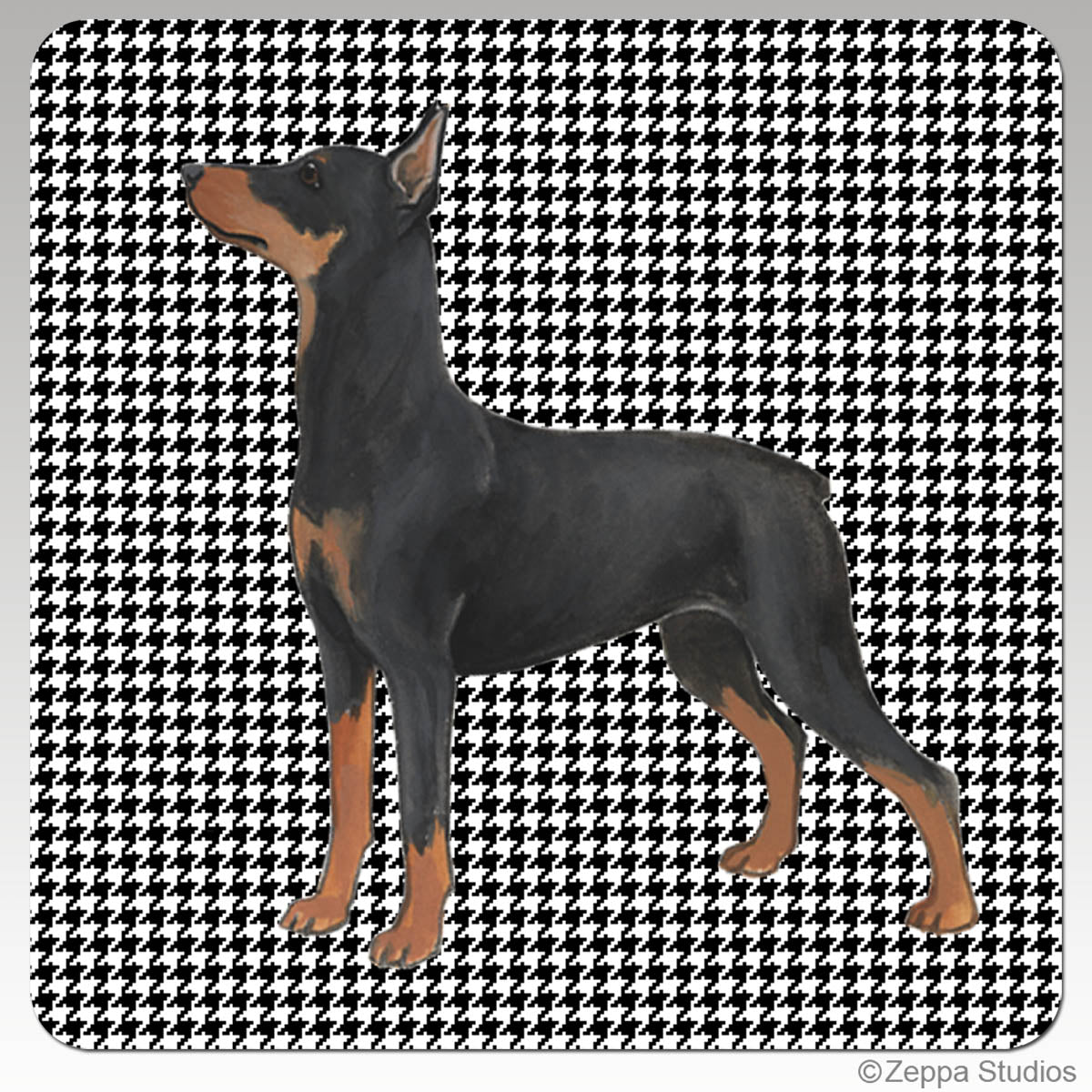 German Pinscher on a black and white houndstooth pattern on a square poly/rubber beverage coaster.