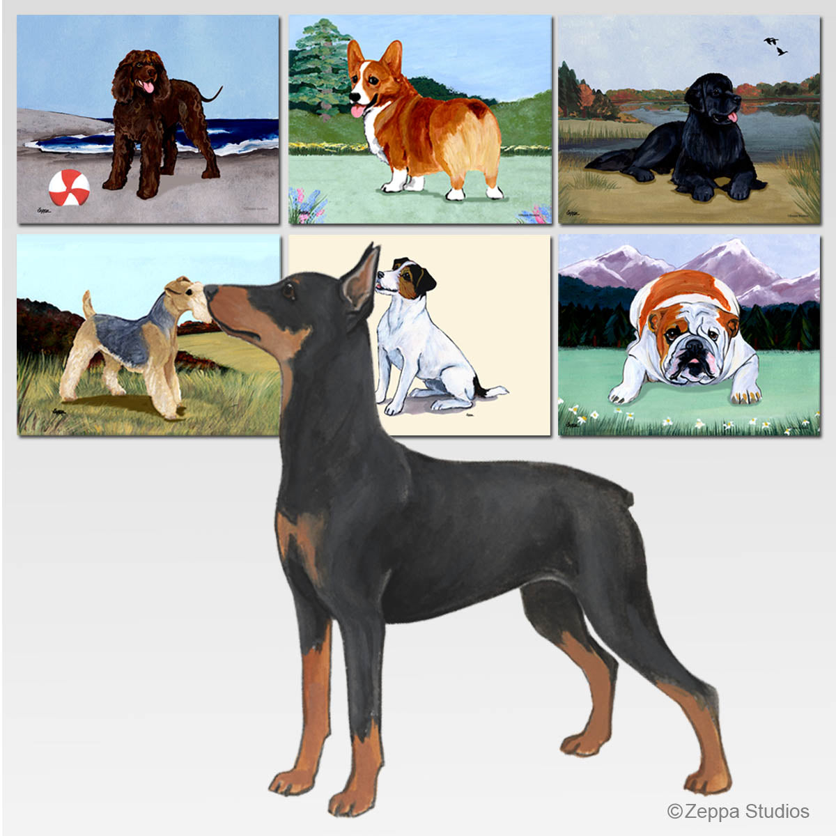 German Pinscher design and background options for scenic tempered glass cuttingboards.