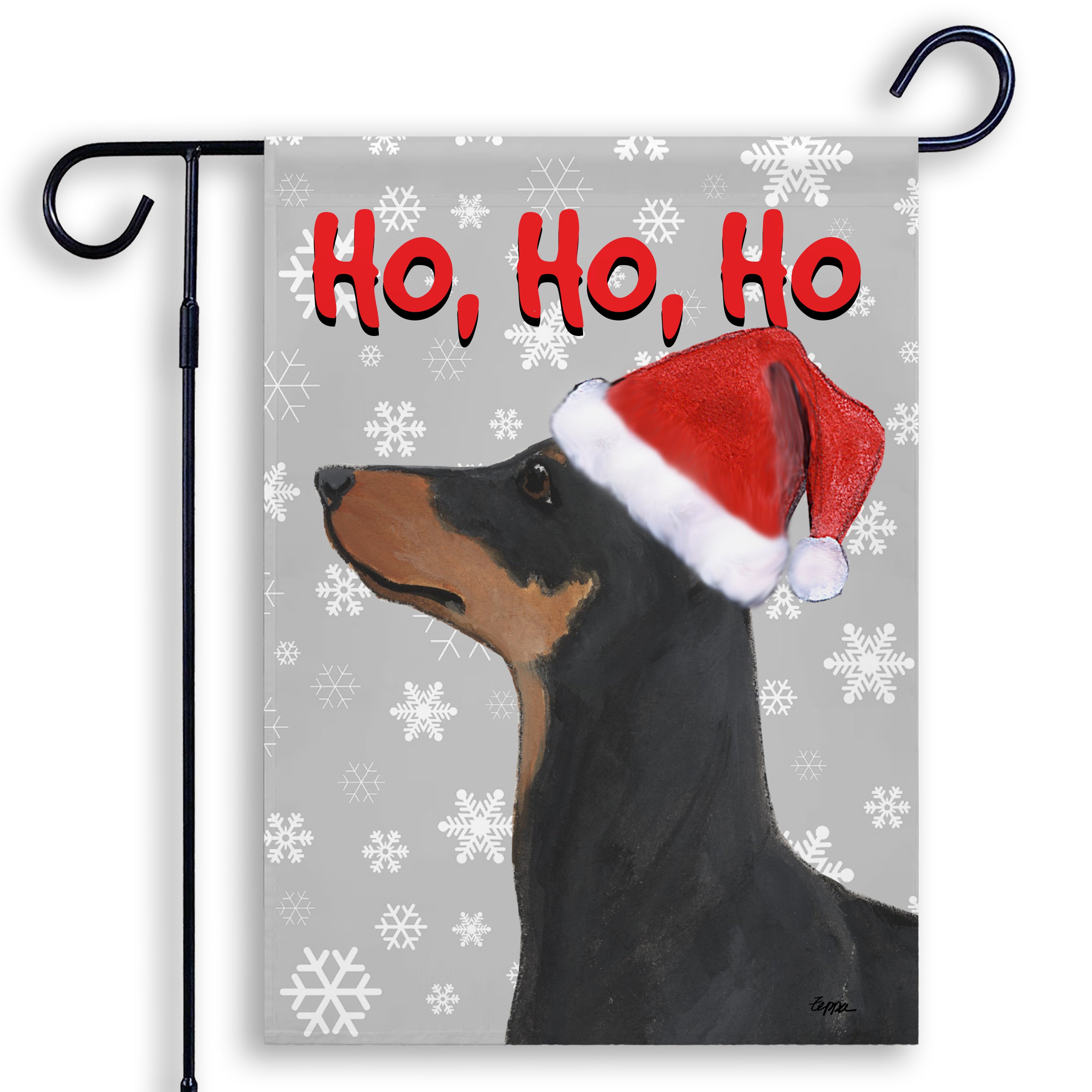 German Pinscher in a Santa hat on a Garden Flag with a grey background with Ho Ho Ho text and white snowflakes.