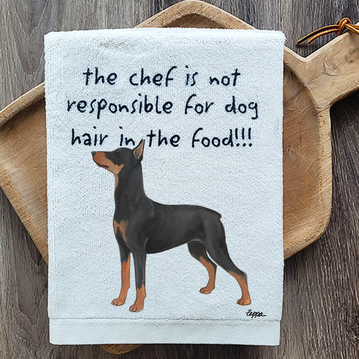 German Pinscher design humorous kitchen towel.