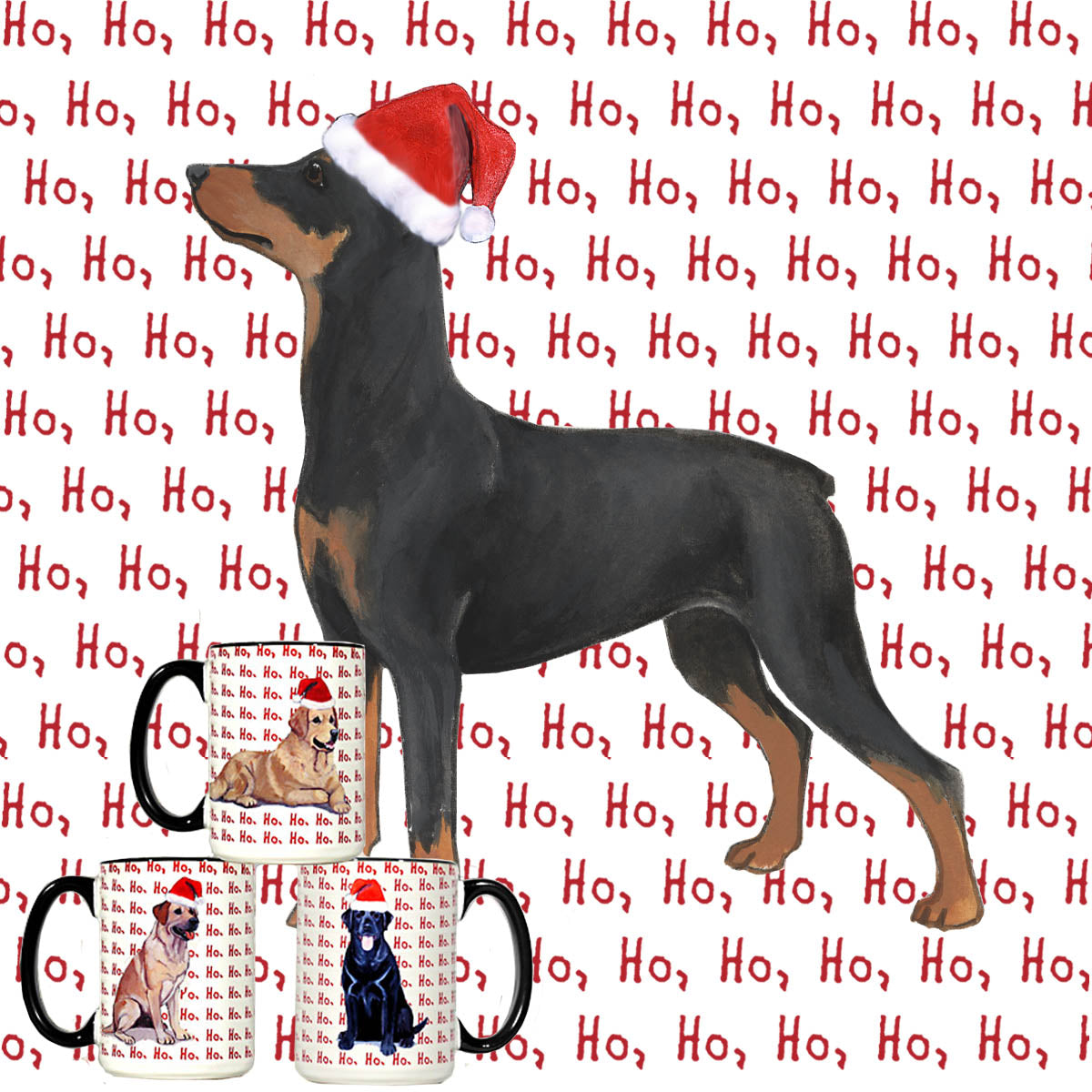 A white ceramic mug with black trim featuring a German Pinscher  wearing a red Santa hat on a repeating red 'Ho, Ho , Ho' text pattern.
