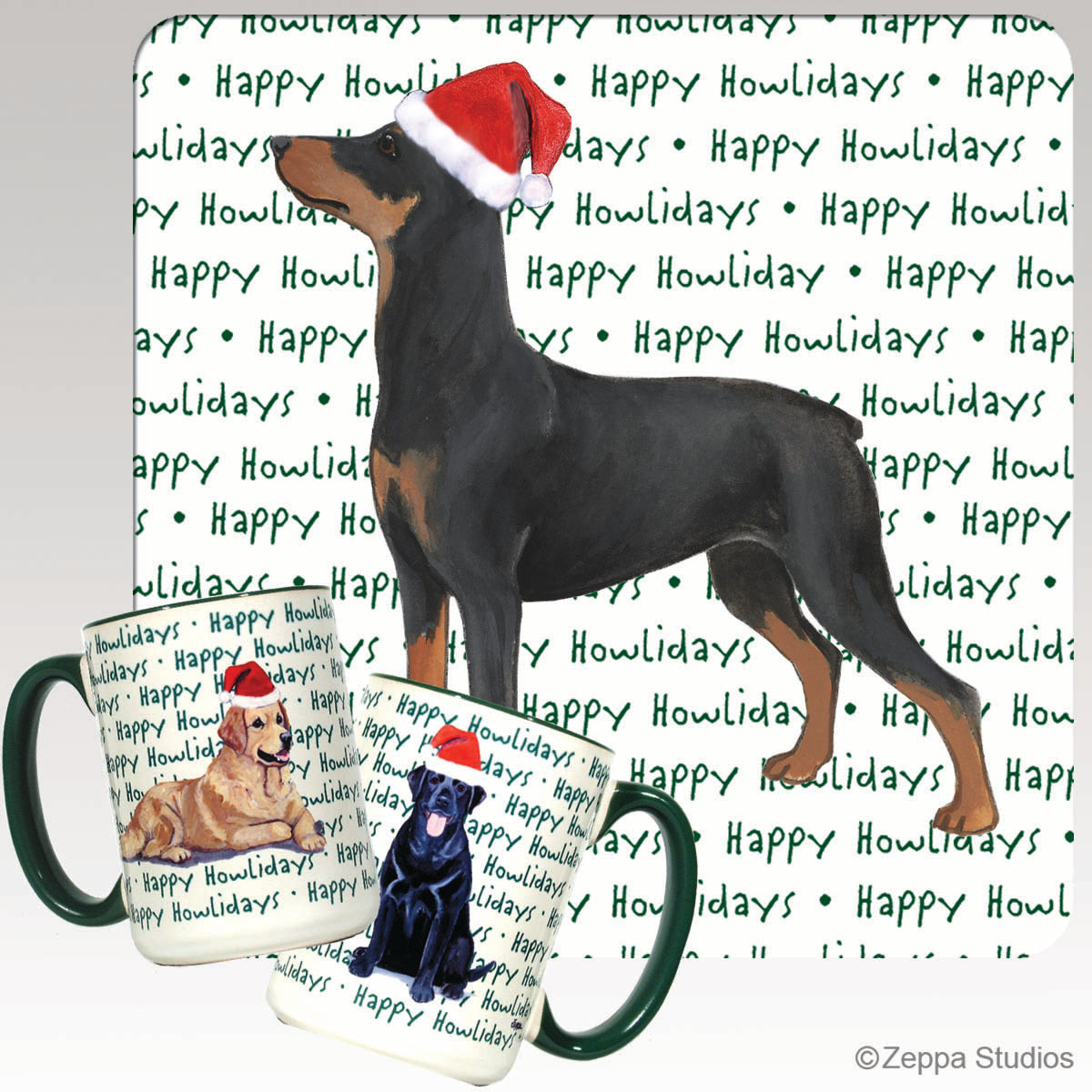 A white ceramic mug with green trim featuring a German Pinscher  wearing a red Santa hat on a repeating green 'Happy Howlidays' text pattern.