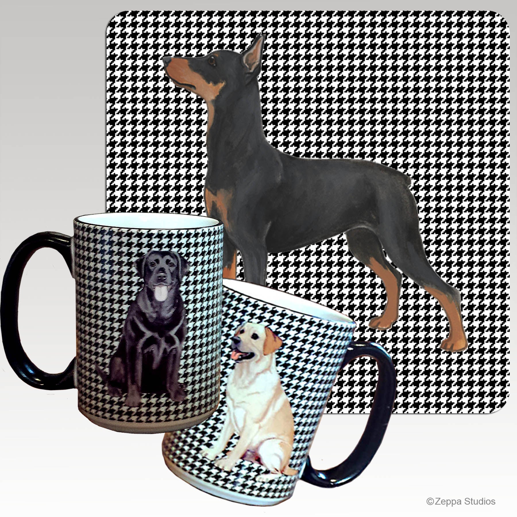 German Pinscher on a black and white houndstooth pattern that wraps around a ceramic mug with black trim.