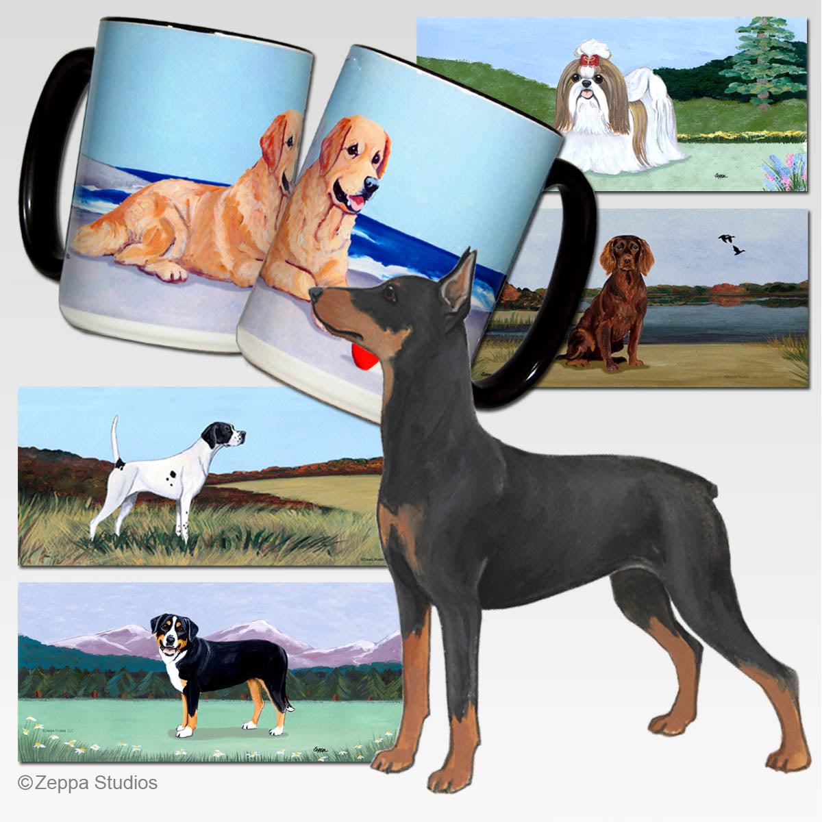 German Pinscher design and background options for scenic ceramic mugs.