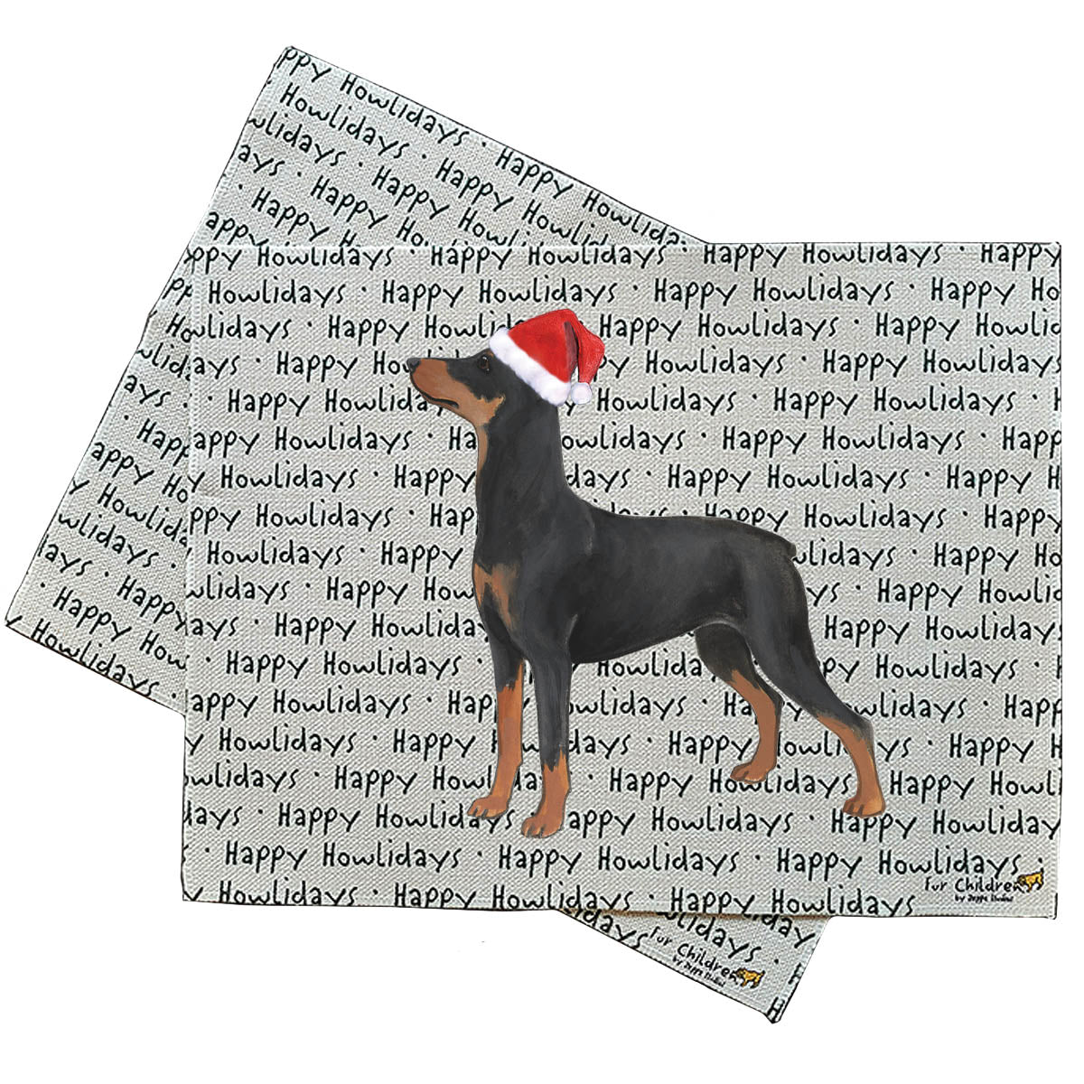 German Pinscher in a Santa Hat on a repeating Happy Howlidays text background on linen placemats.