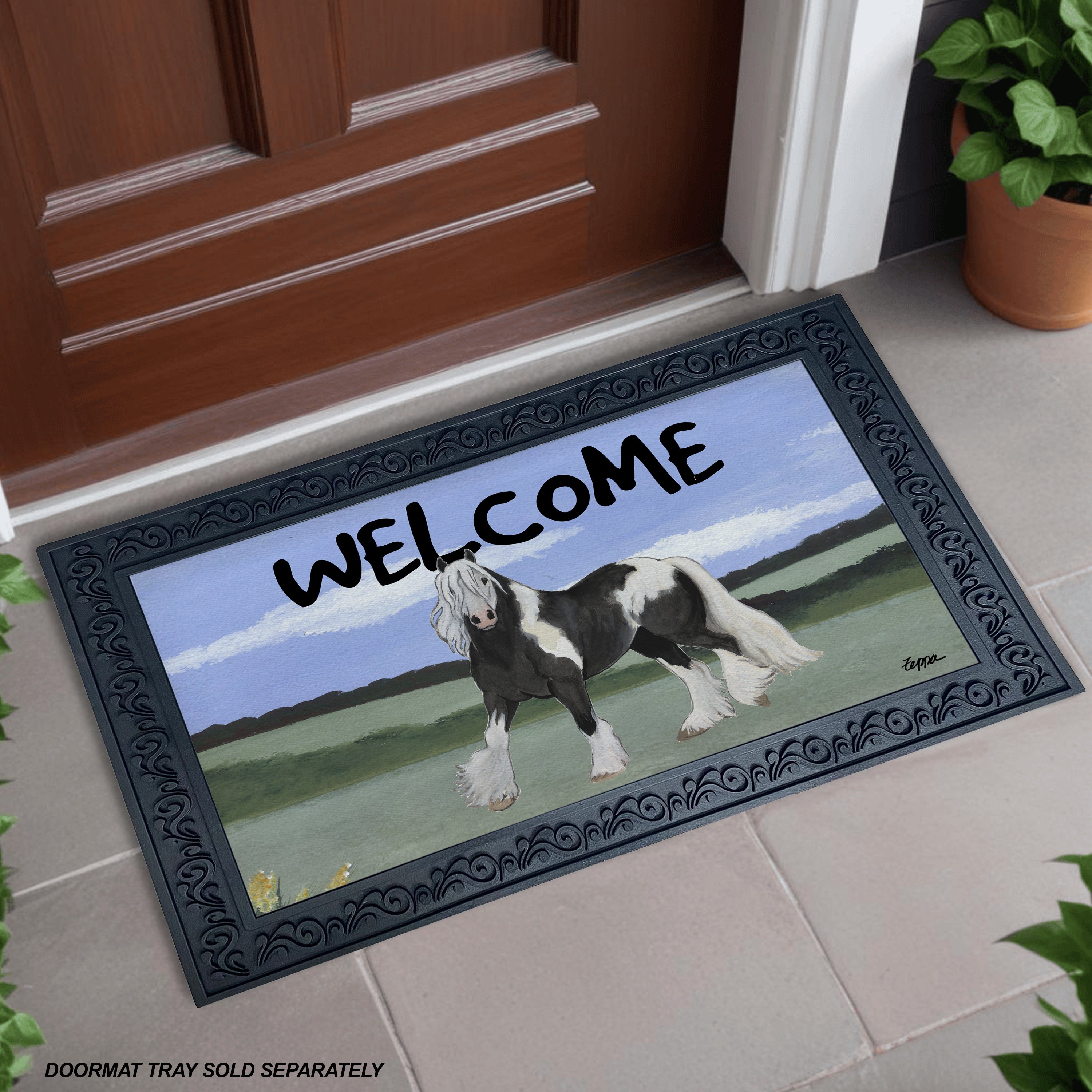 Gypsy Vanner Welcome Door Mat with Rubber Frame