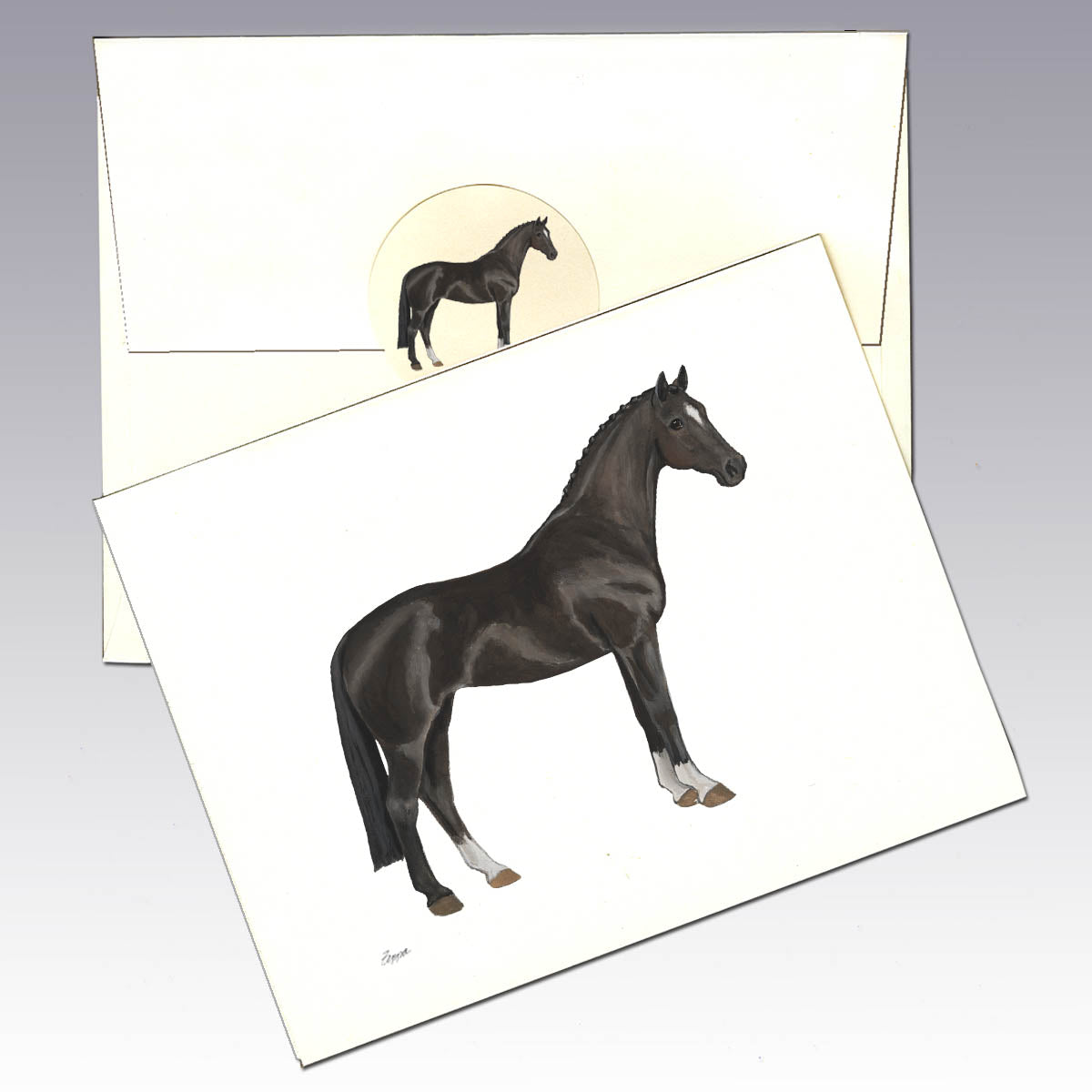Hanoverian illustration on ivory note card with matching envelope and sticker.
