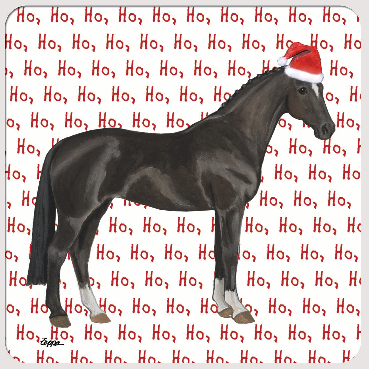 Hanoverian horse wearing a Santa Hat on a repeating Ho Ho Ho text background on a white poly/rubber beverage coaster. 