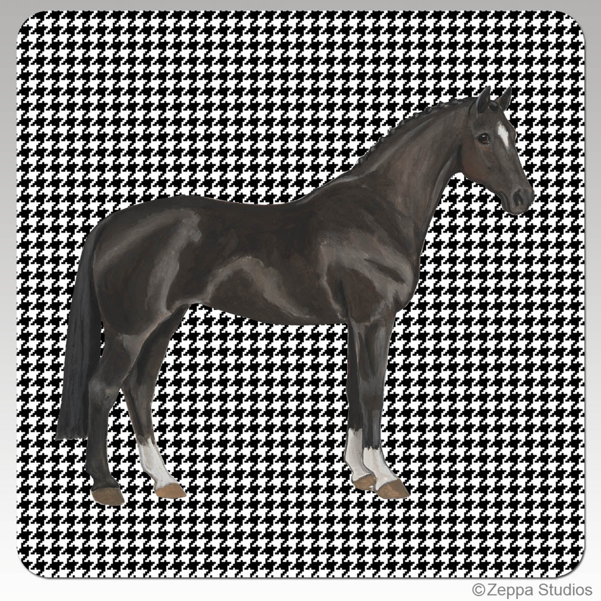 Hanoverian horse on a black and white houndstooth pattern background on a poly/rubber beverage coaster.