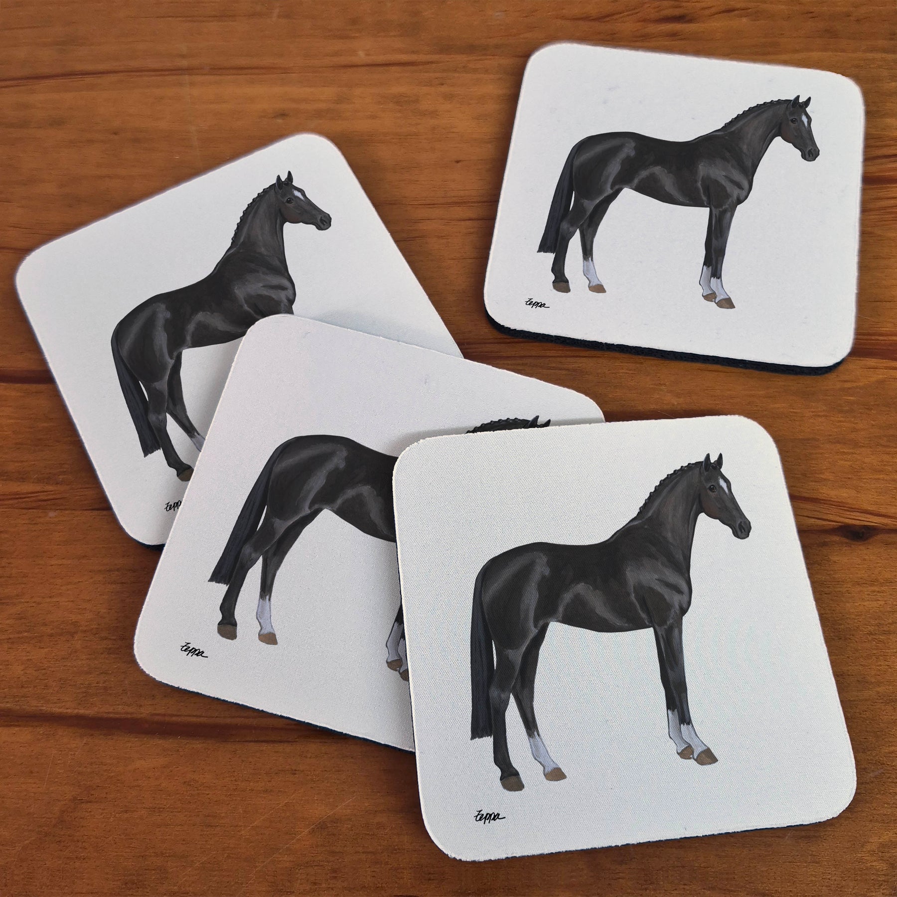 Hanoverian horse illustration on beige poly/rubber beverage coasters.