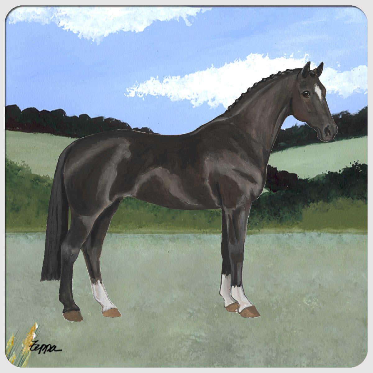 Illustratio of a Hanoverian horse in a field on a square poly/rubber beverage coaster.
