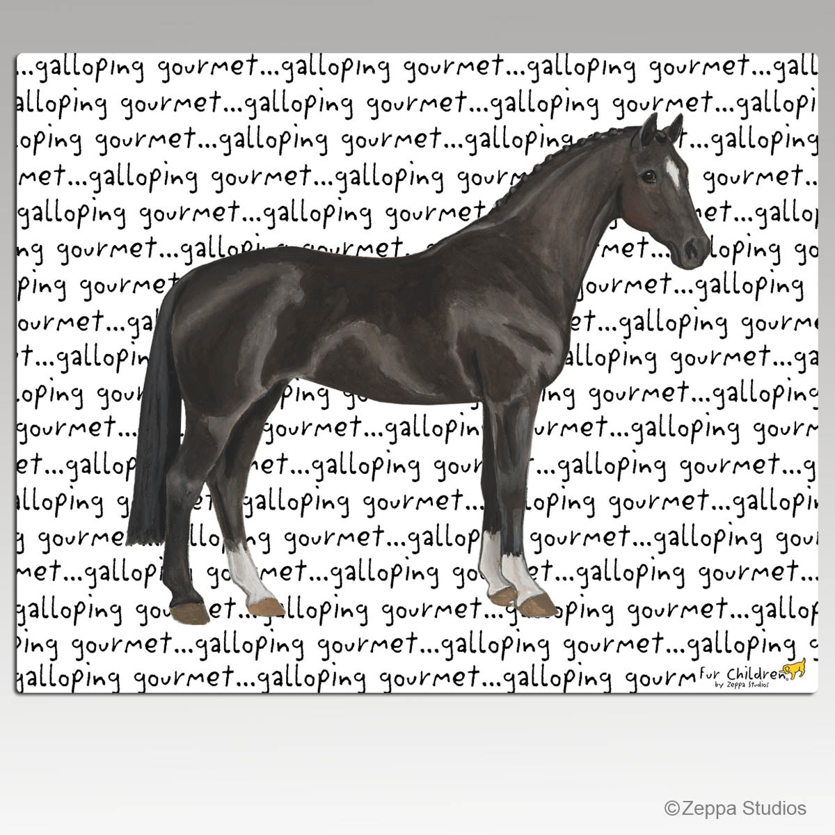 Hanoverian design on repeating galloping gourmet text background for tempered glass cuttingboard.