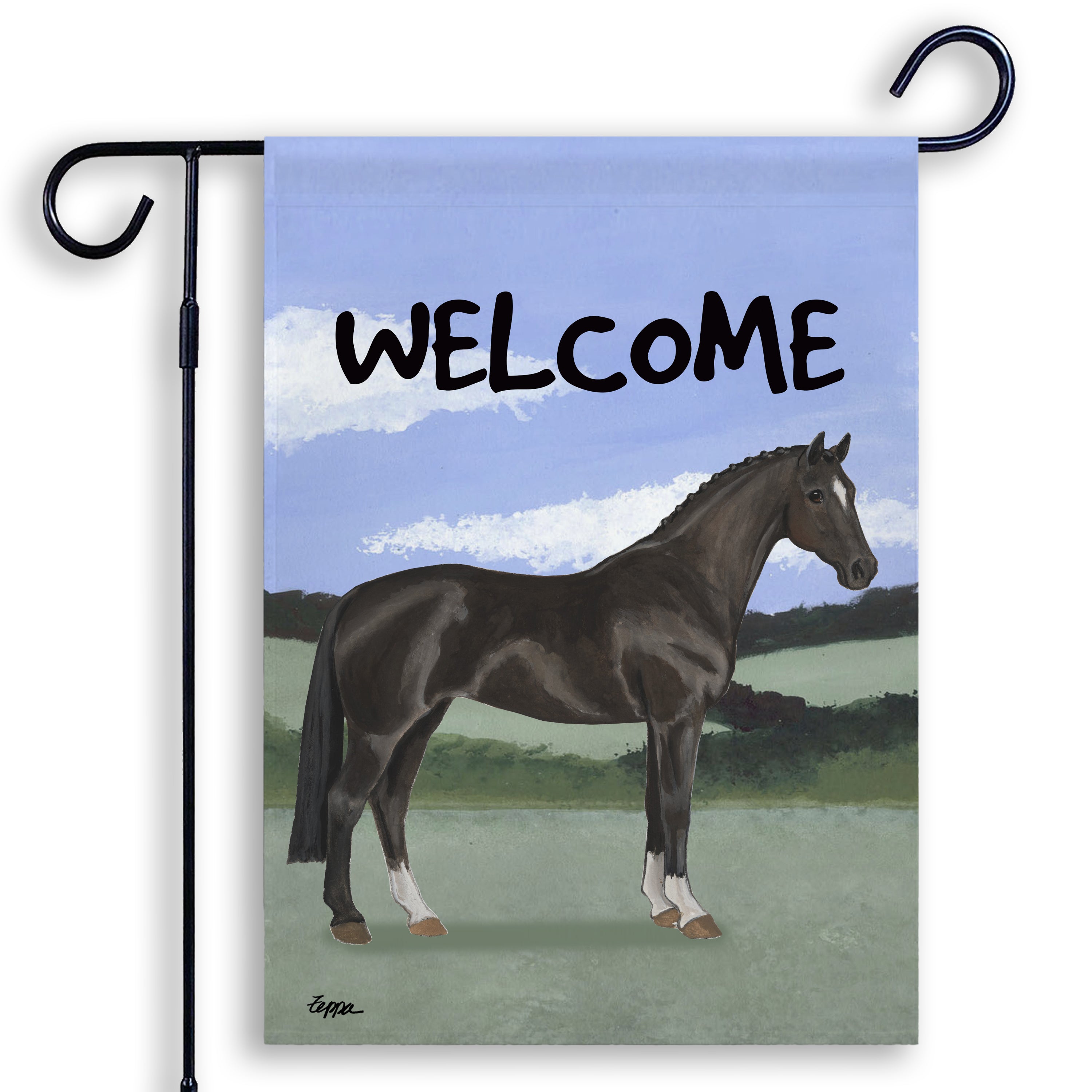A Hanoverian horse in a field on a Welcome garden flag.