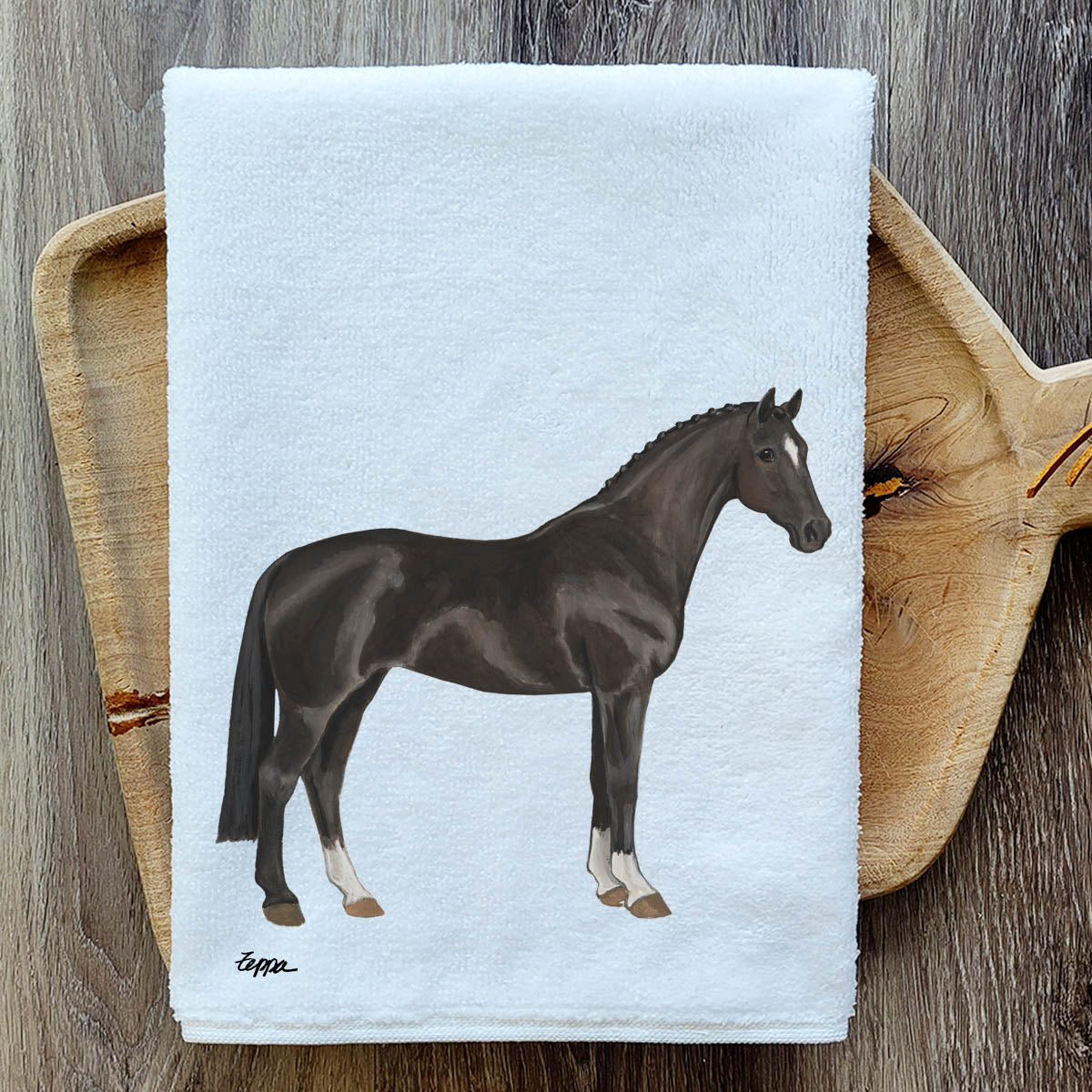 Hanoverian horse illustration on a poly/cotton kitchen towel.