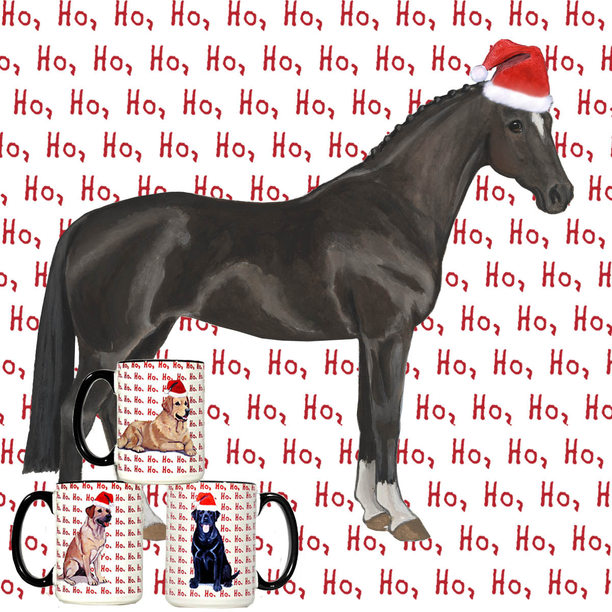 Hanoverian horse wearing a Santa Hat on a repeating Ho Ho Ho text background on a white ceramic wrap mug with black trim.