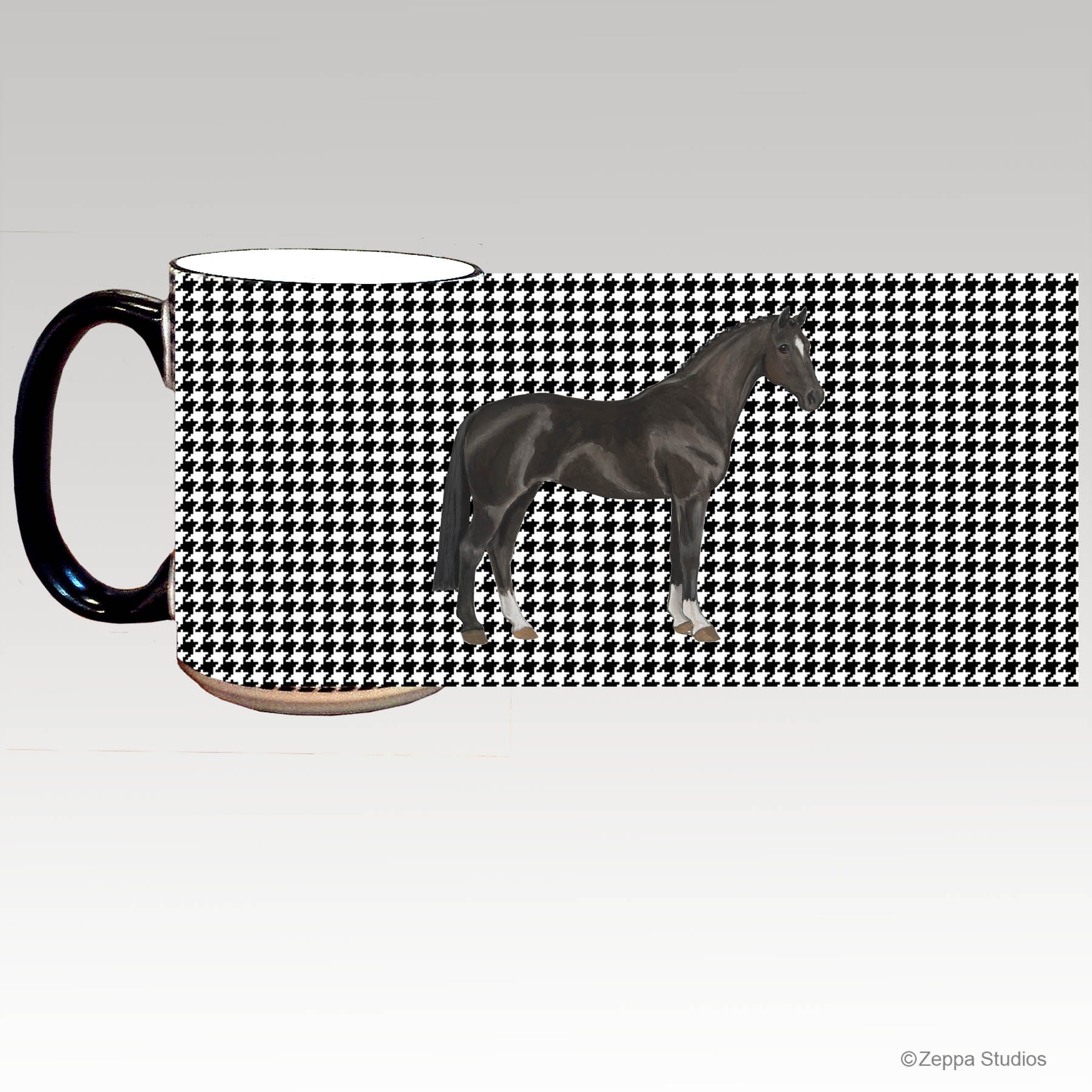 Hanoverian horse on a black and white houndstooth pattern background on a white ceramic wrap mug with black trim.