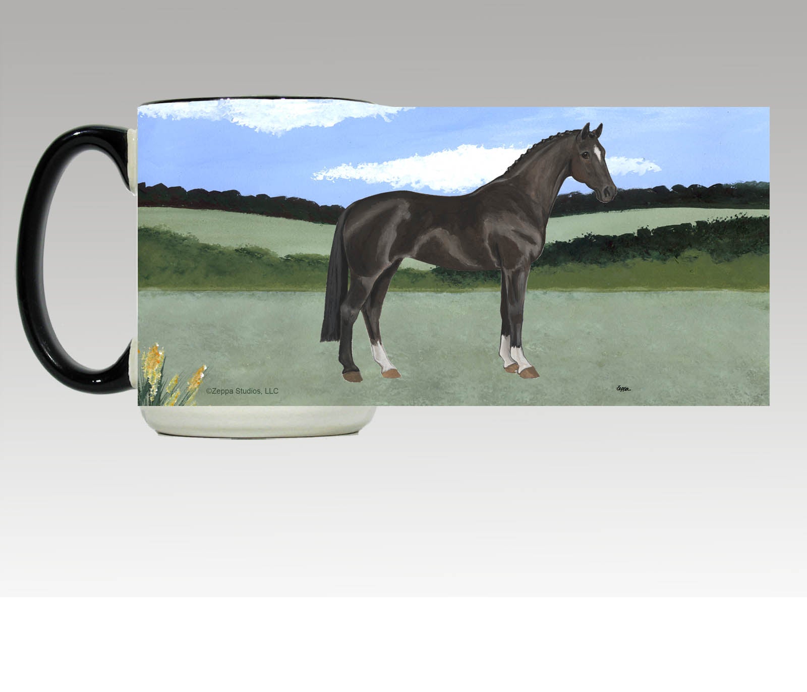 Illustration of a Hanoverian horse in a field on a ceramic wrap design mug.