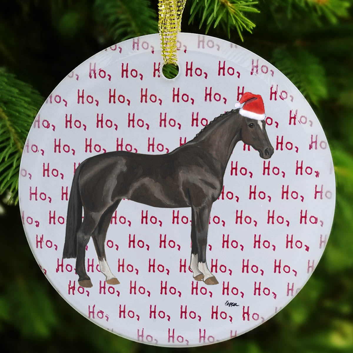 Hanoverian horse wearing a Santa Hat on a repeating Ho Ho Ho text background frosted glass Christmas ornament.