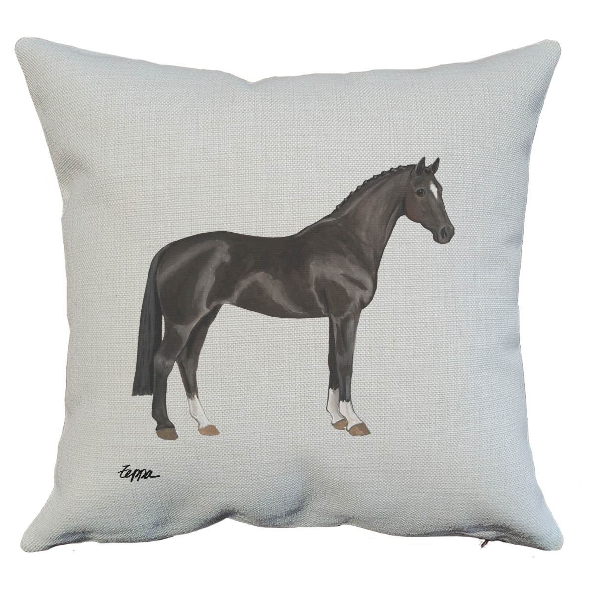 Hanoverian horse on a linen throw pillow.