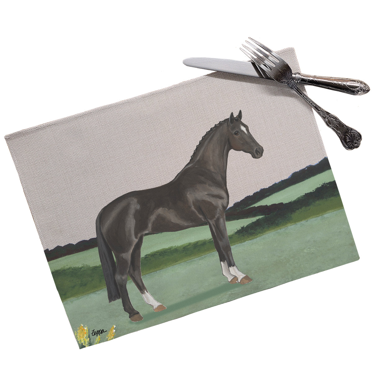 Hanoverian horse in a field on a linen placemat.