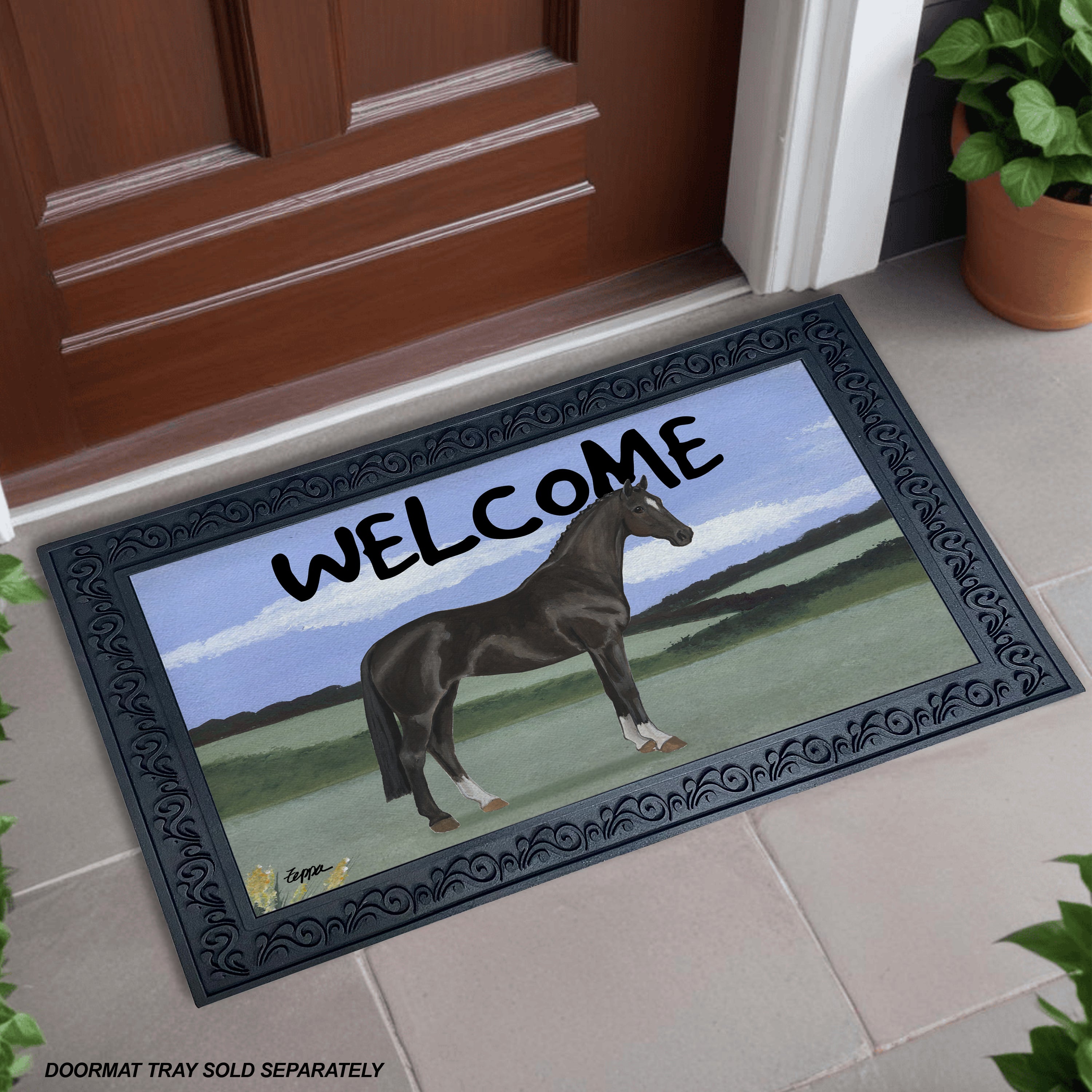 Hanoverian horse in a field on a welcome mat with a scrolled rubber frame.