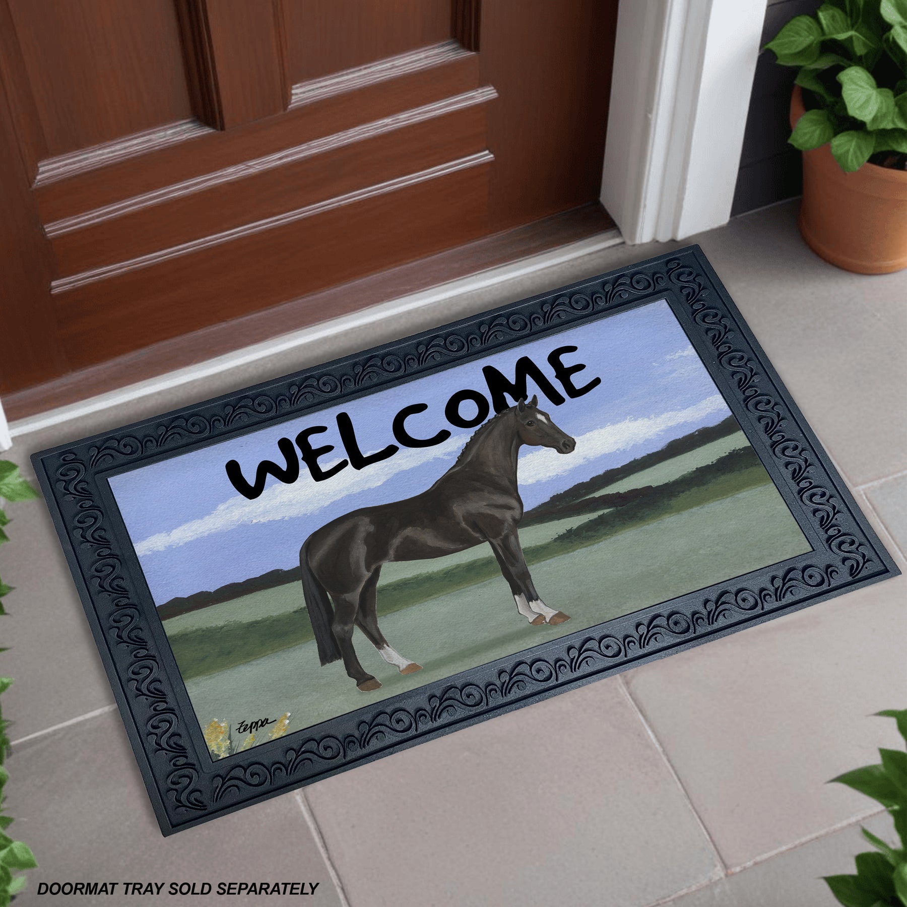 Hanoverian horse in a field on a welcome mat with a scrolled rubber frame.