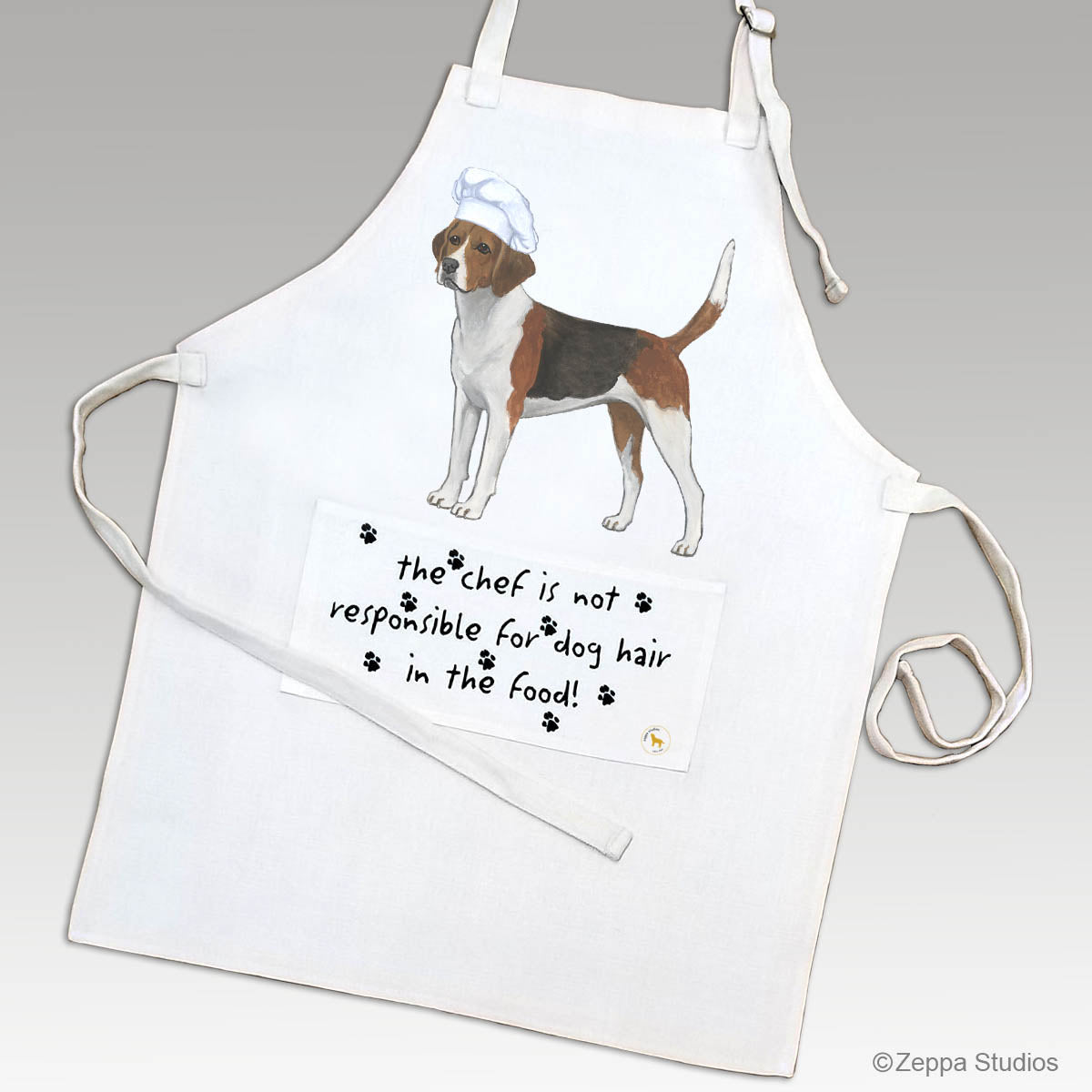 Harrier on linen chef's apron with a funny saying in the pocket.