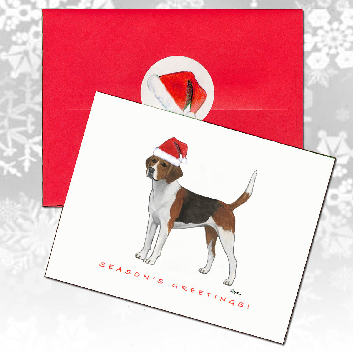 Harrier Christmas Card with Red Envelope and Santa hat seal.