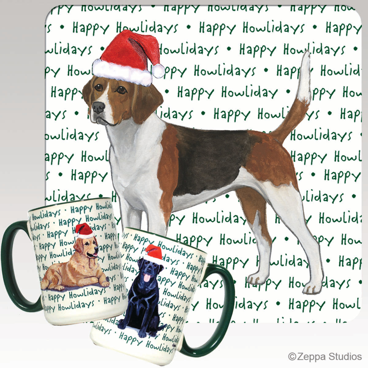 Harrier in a Santa Hat on a Happy Howlidays ceramic mug.