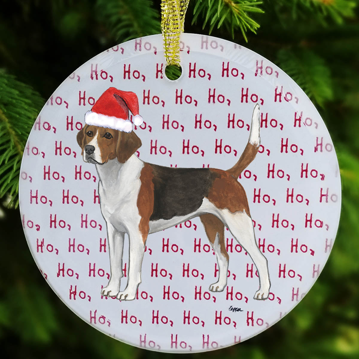Harrier in a Santa Hat on a Ho Ho Ho round glass Christmas ornament.
