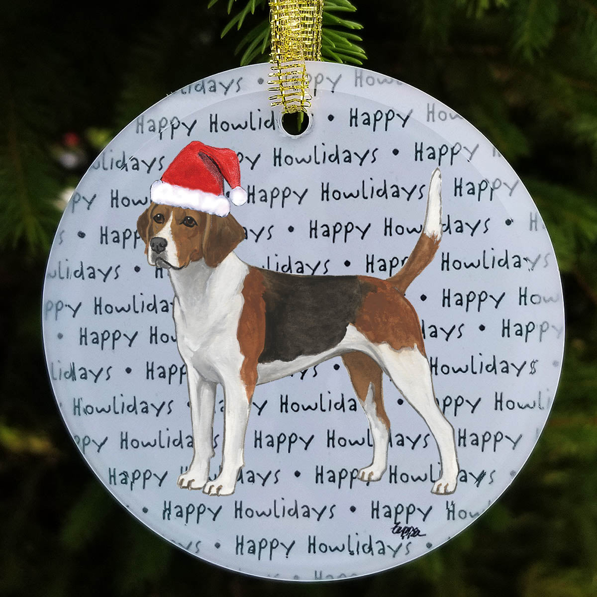 Harrier in a Santa Hat on a Happy Howlidays round glass Christmas ornament.