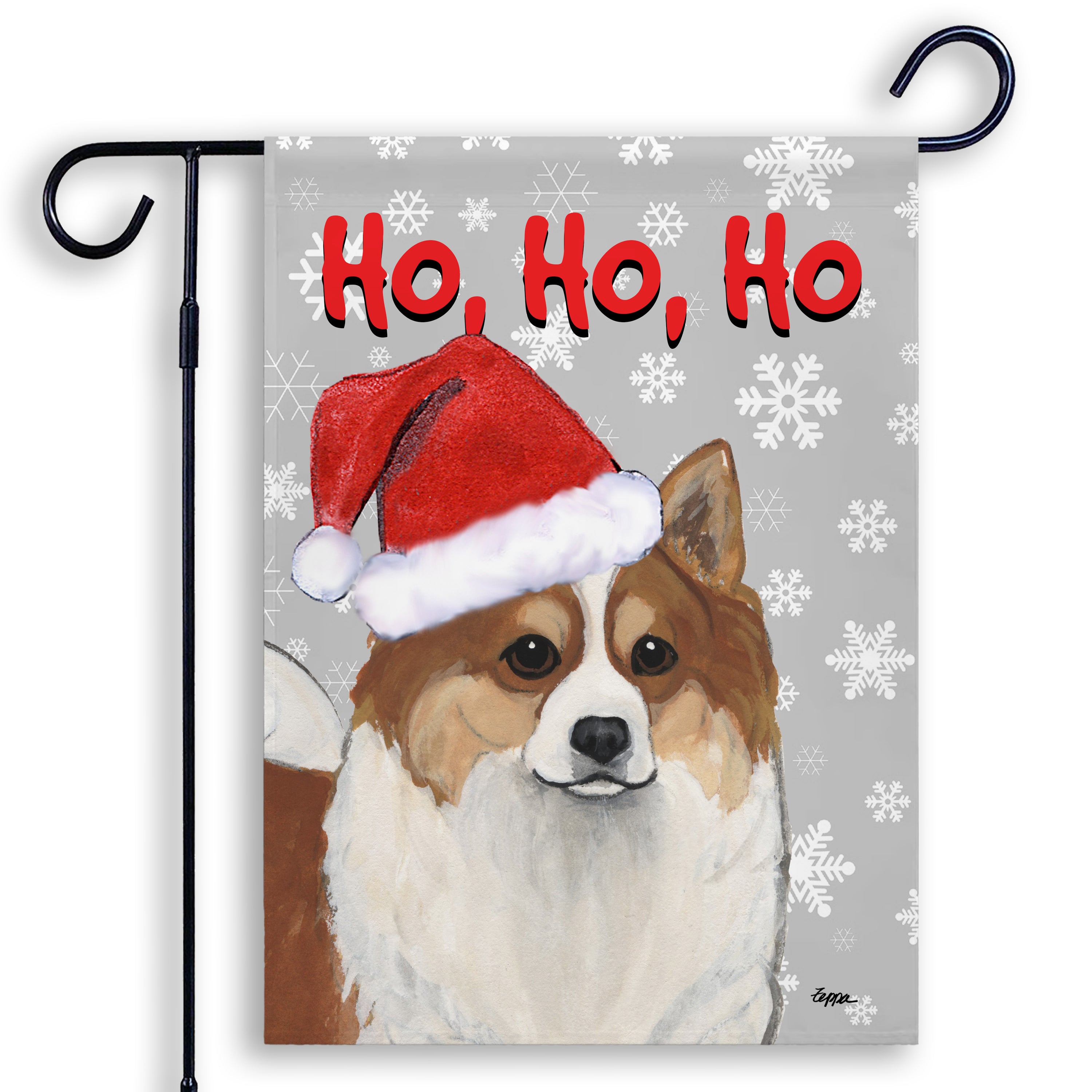 Christmas-themed garden flag with an Icelandic Sheepdog wearing a Santa hat and snowflakes on a grey background.