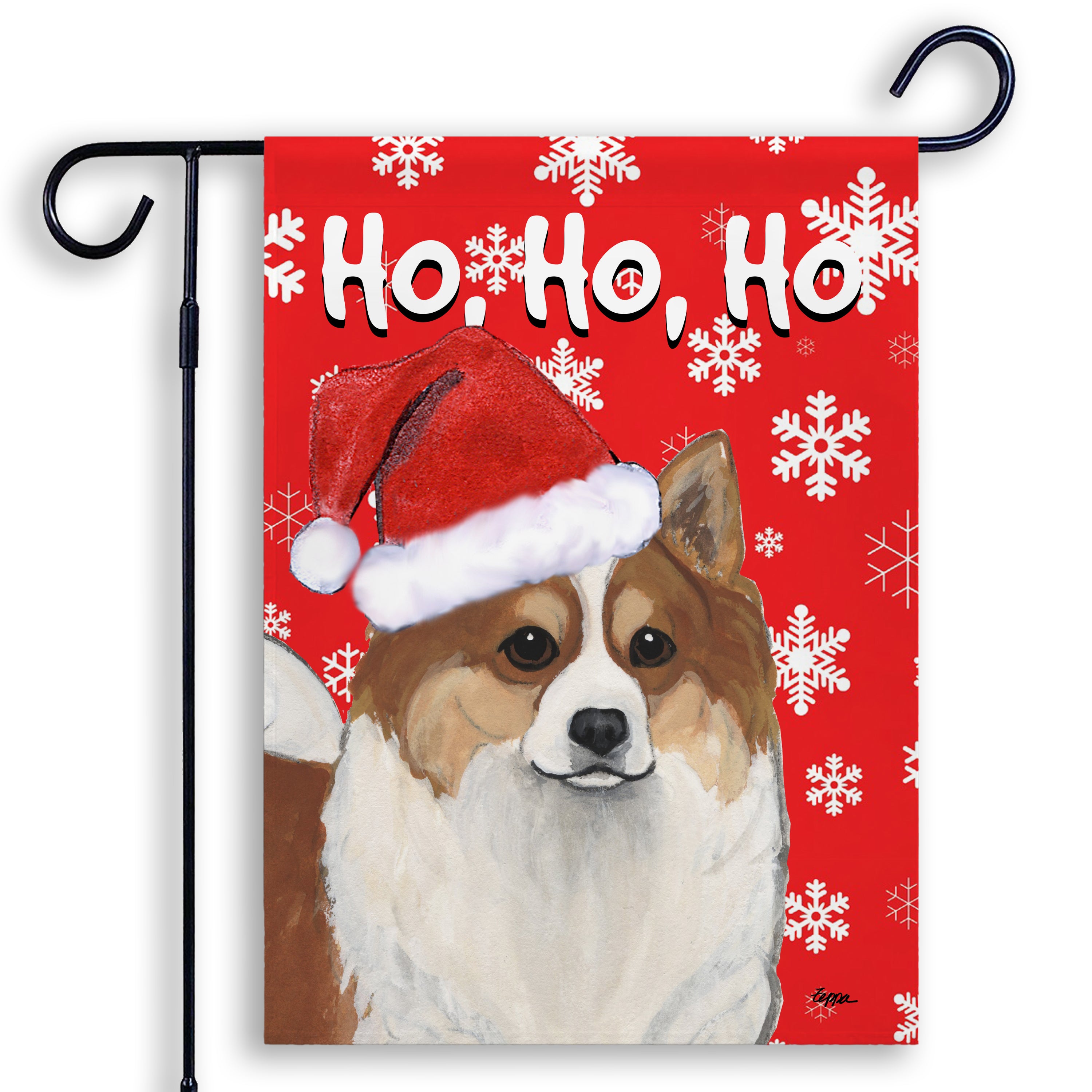 Christmas-themed garden flag with an Icelandic Sheepdog wearing a Santa hat and snowflakes on a red background.