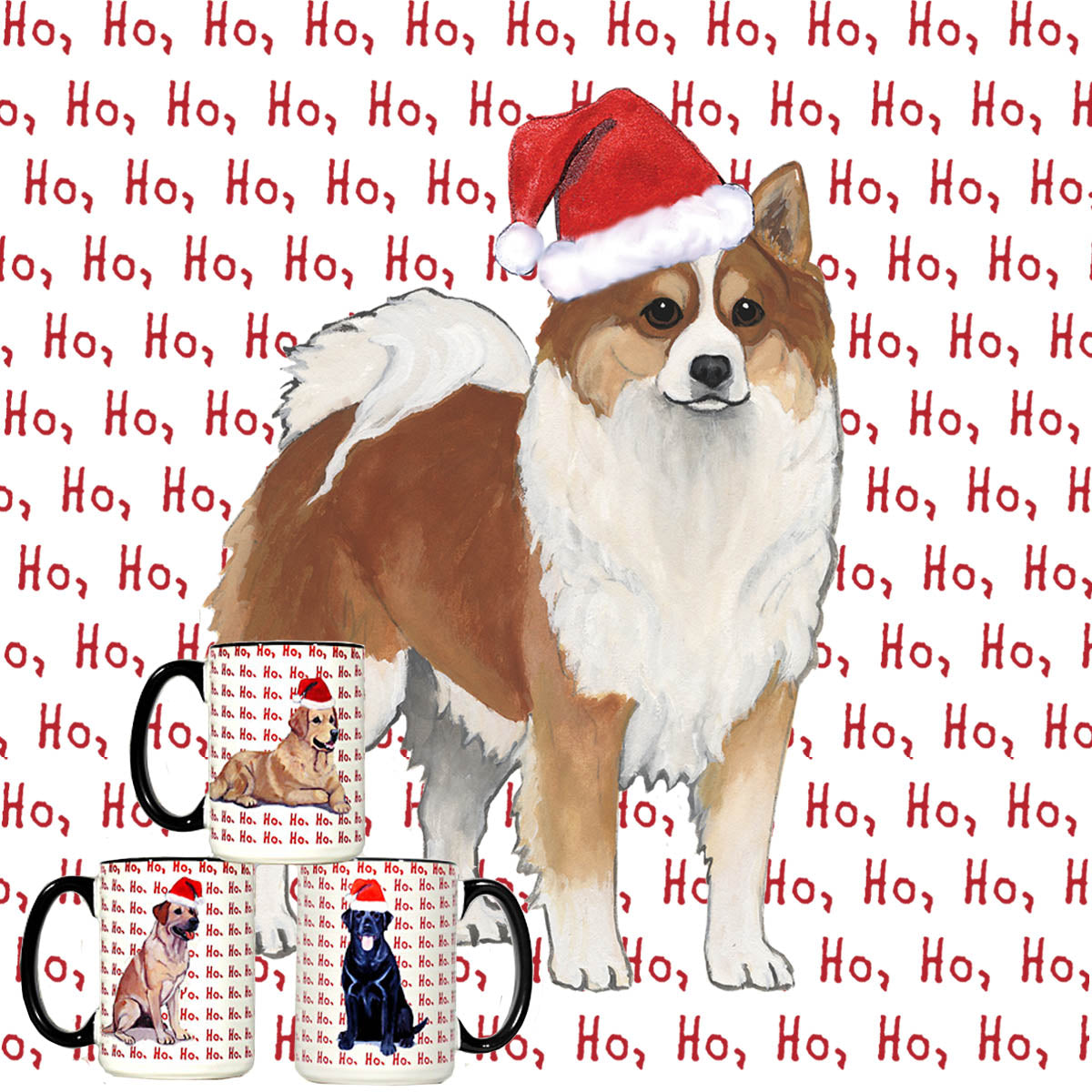 Icelandic Sheepdog wearing a Santa hat on 'Ho Ho Ho' mugs.